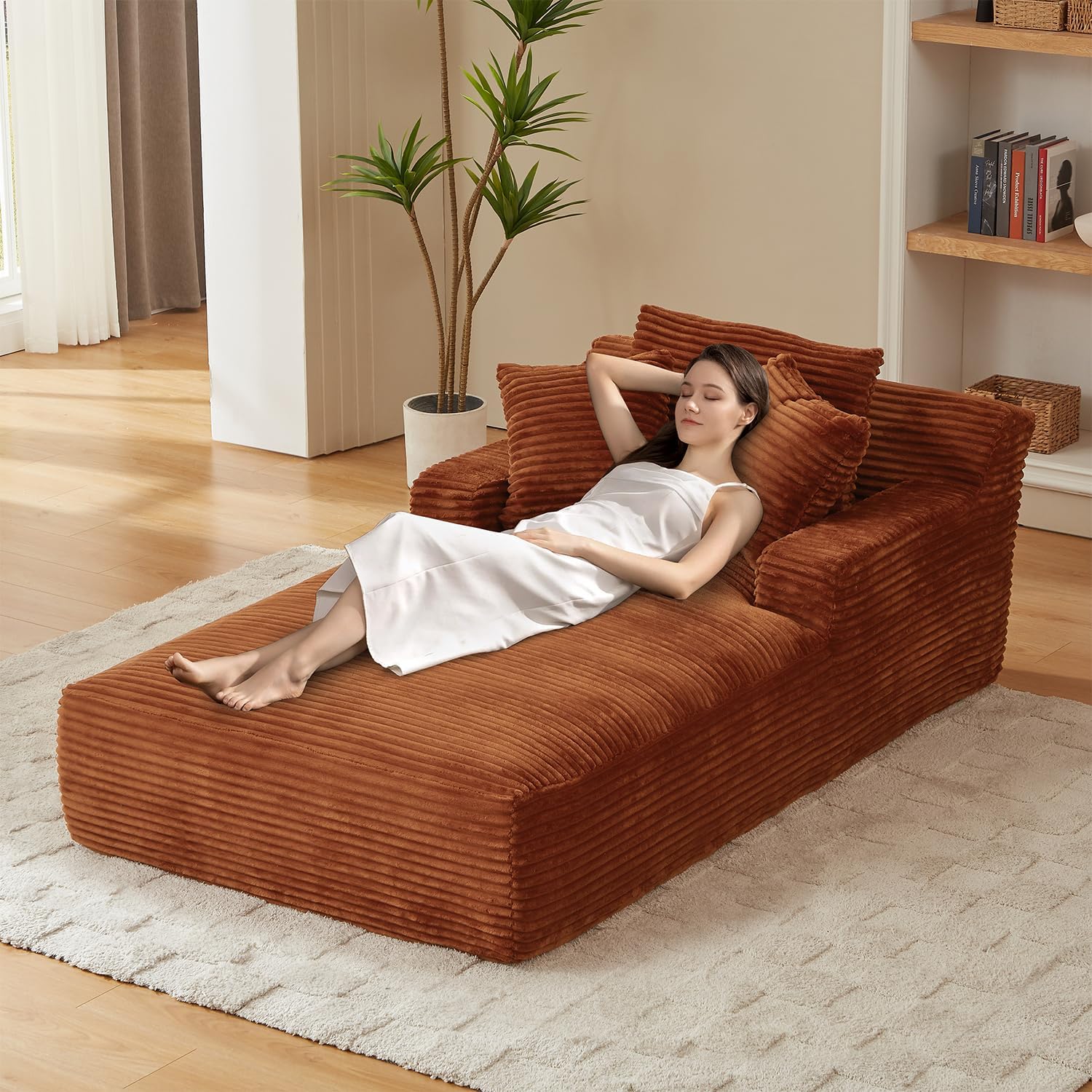 67 Inch Chaise Lounge Chair Indoor, Oversized Corduroy Upholstered Boneless Sofa Bed, Deep Seat Sleeper Couch Reading Chairs, Cloud Sofas Couches for Living Room, No Assembly Required (Beige)