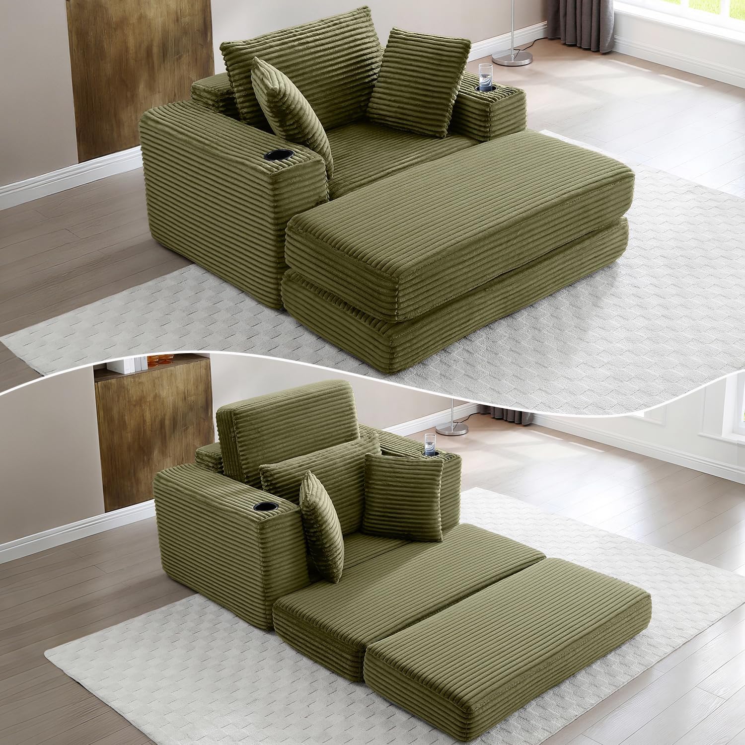 67 Inch Chaise Lounge Chair Indoor, Oversized Corduroy Upholstered Boneless Sofa Bed, Deep Seat Sleeper Couch Reading Chairs, Cloud Sofas Couches for Living Room, No Assembly Required (Beige)