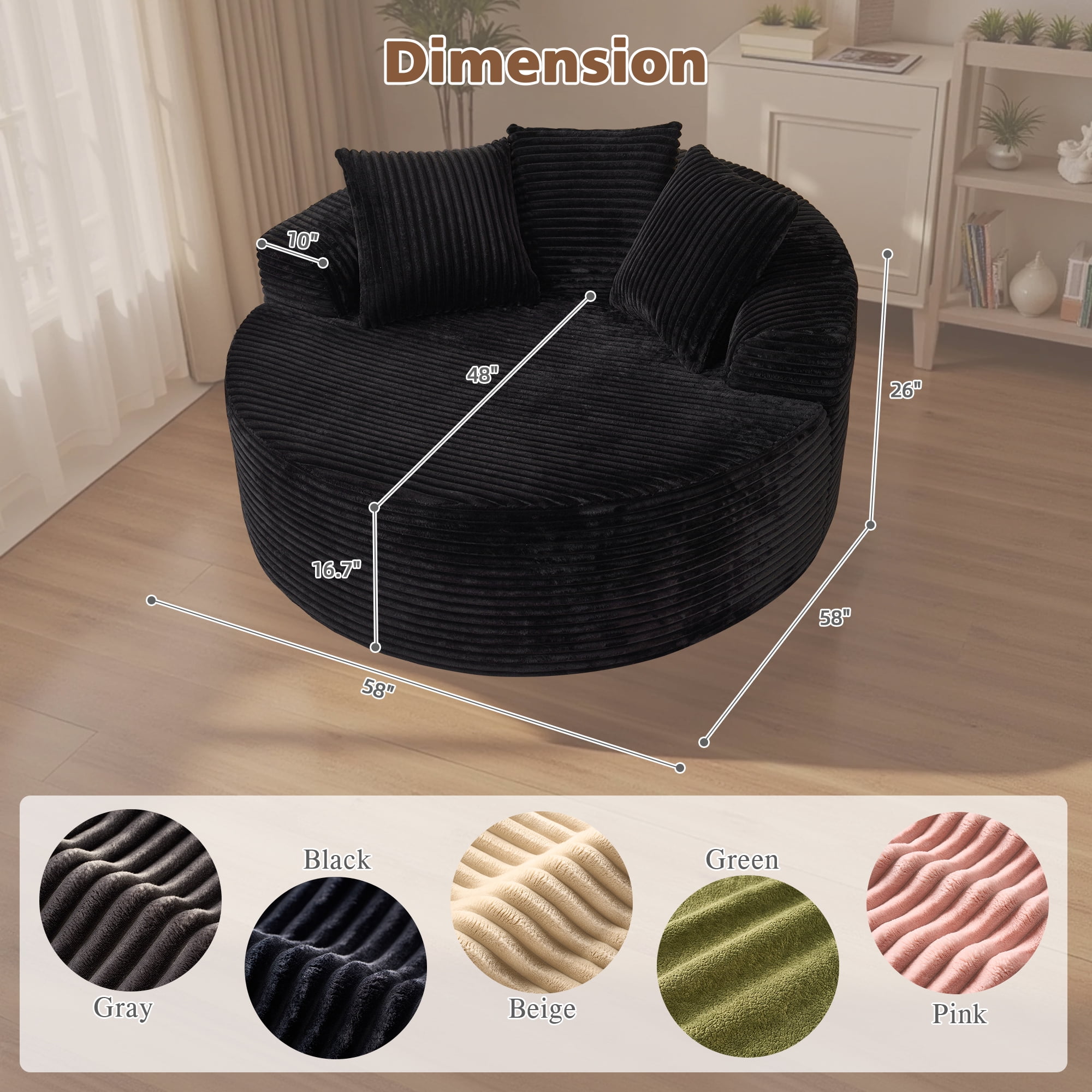 Ovios 58" Oversized Lounge Chair Round Cloud Deep Seat Accent Chair Plush Corduroy Boneless Sofa Chair for Living Room