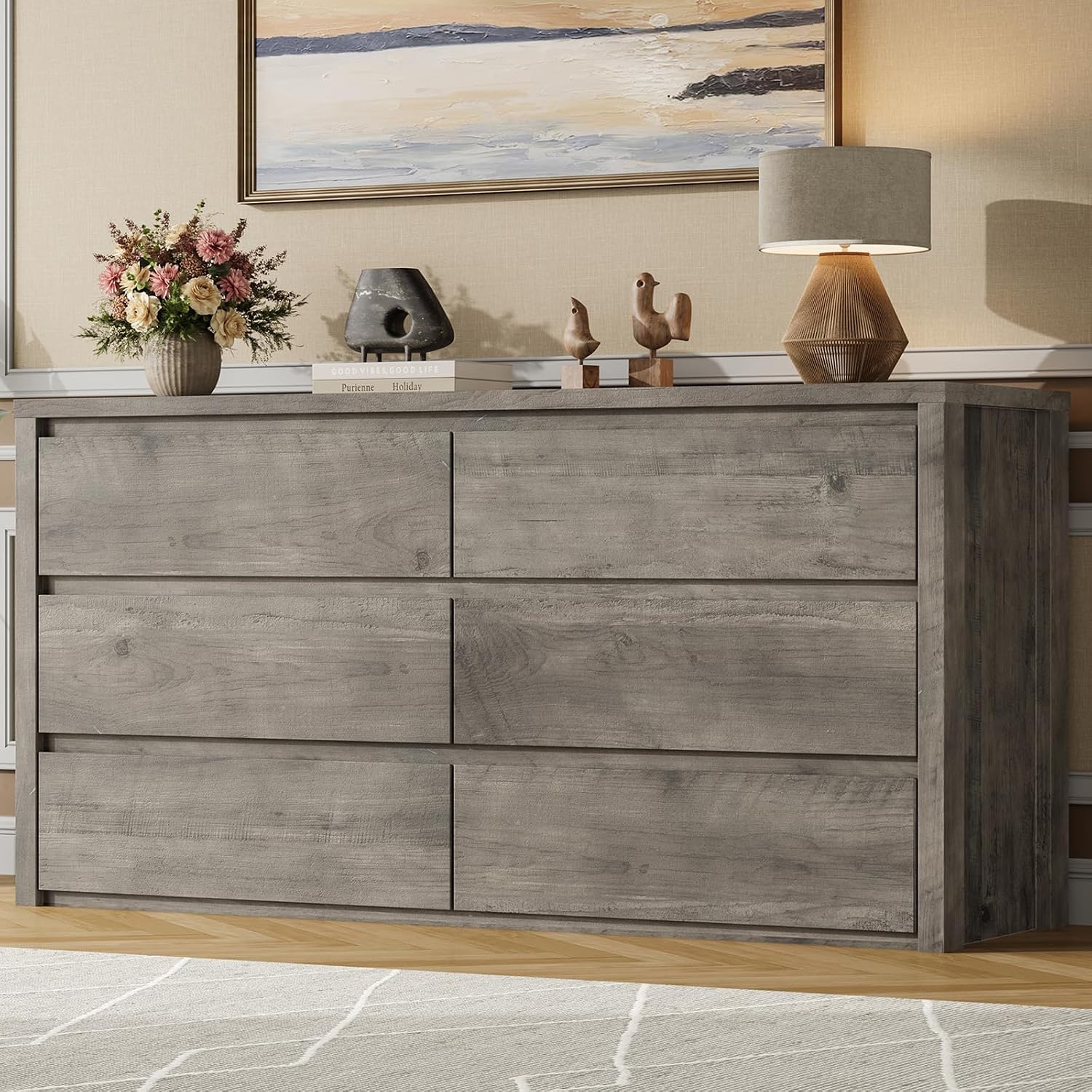  6 Drawer Dresser for Bedroom, Wood Chest of Drawers Handle Free, Large Modern Dresser Storage Cabinet for Living Room, Hallway Entryway
