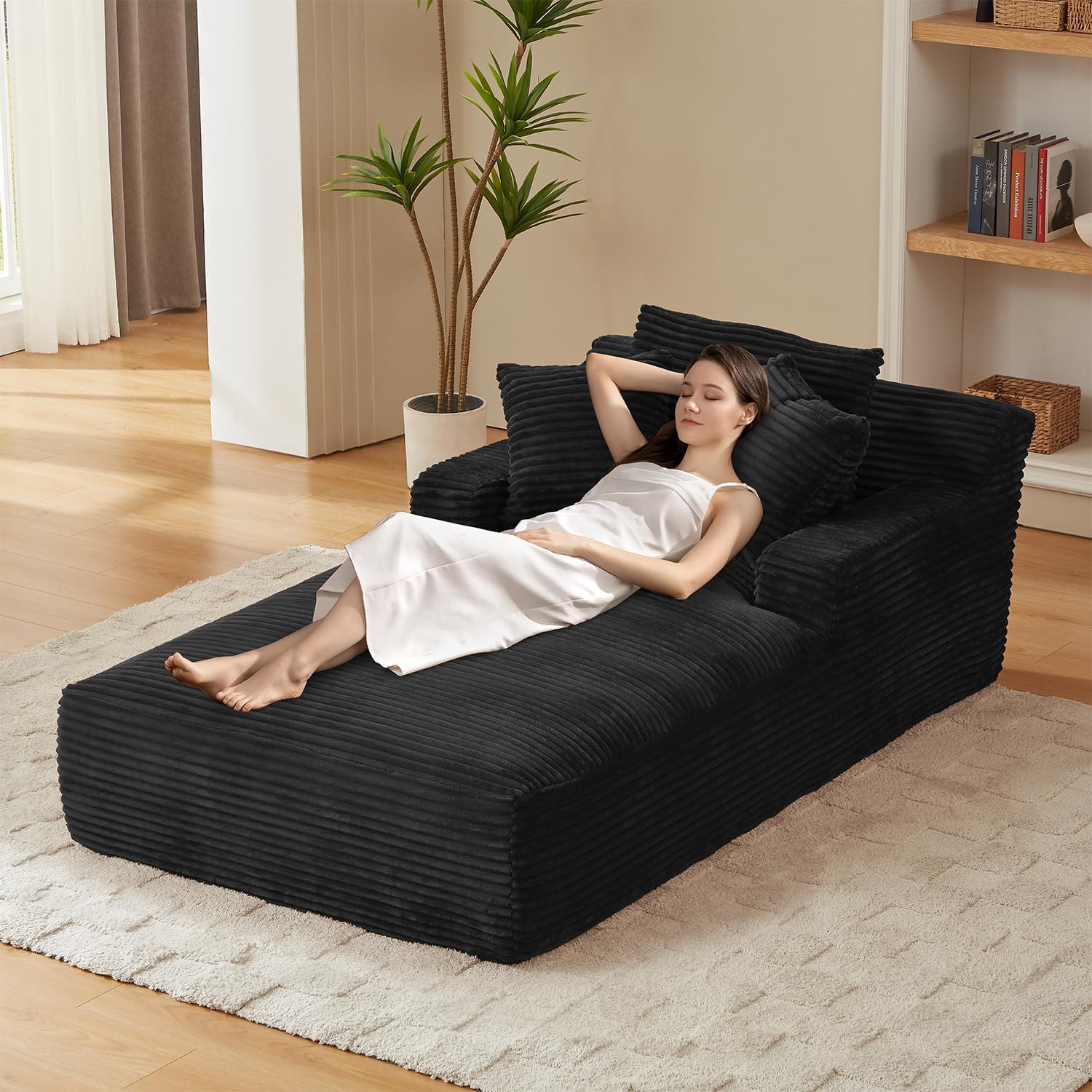 67 Inch Chaise Lounge Chair Indoor, Oversized Corduroy Upholstered Boneless Sofa Bed, Deep Seat Sleeper Couch Reading Chairs, Cloud Sofas Couches for Living Room, No Assembly Required (Beige)