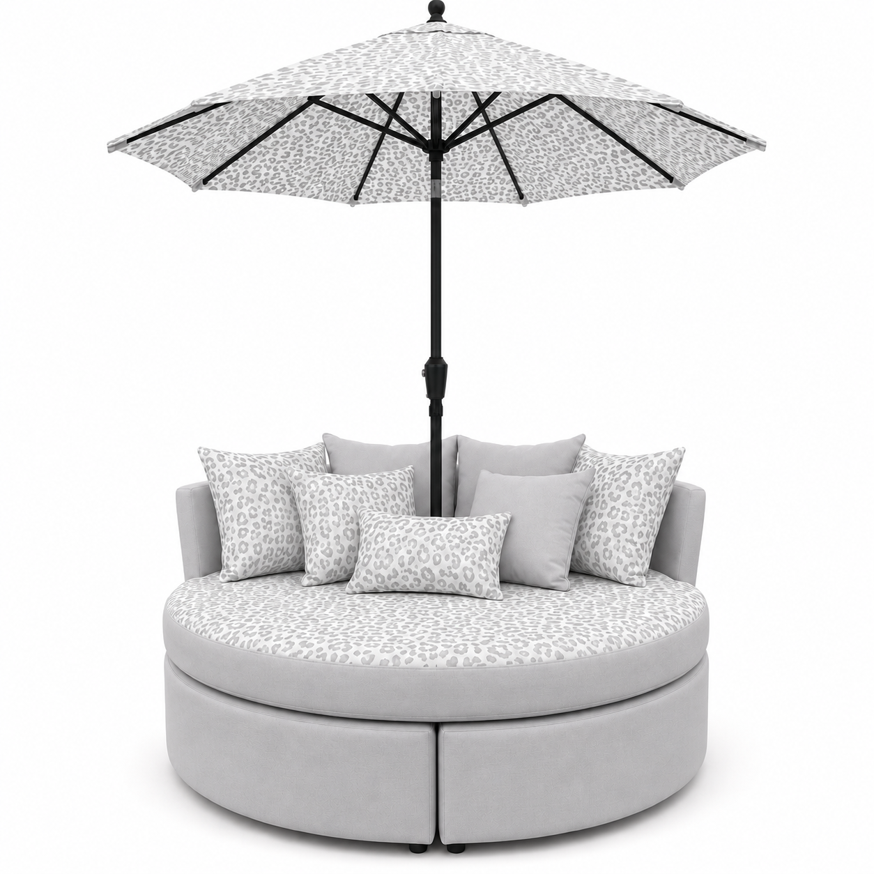 💗 Oversized Round Lounge Daybed with Matching Umbrella & Cushions – Pink Leopard Print