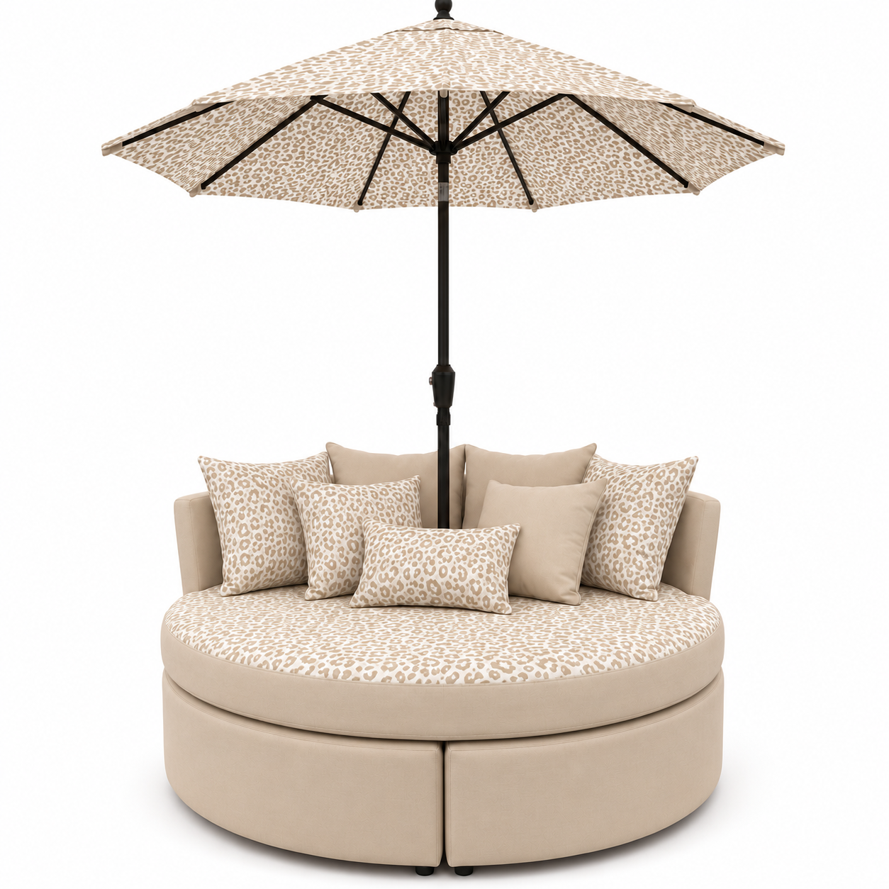 💗 Oversized Round Lounge Daybed with Matching Umbrella & Cushions – Pink Leopard Print