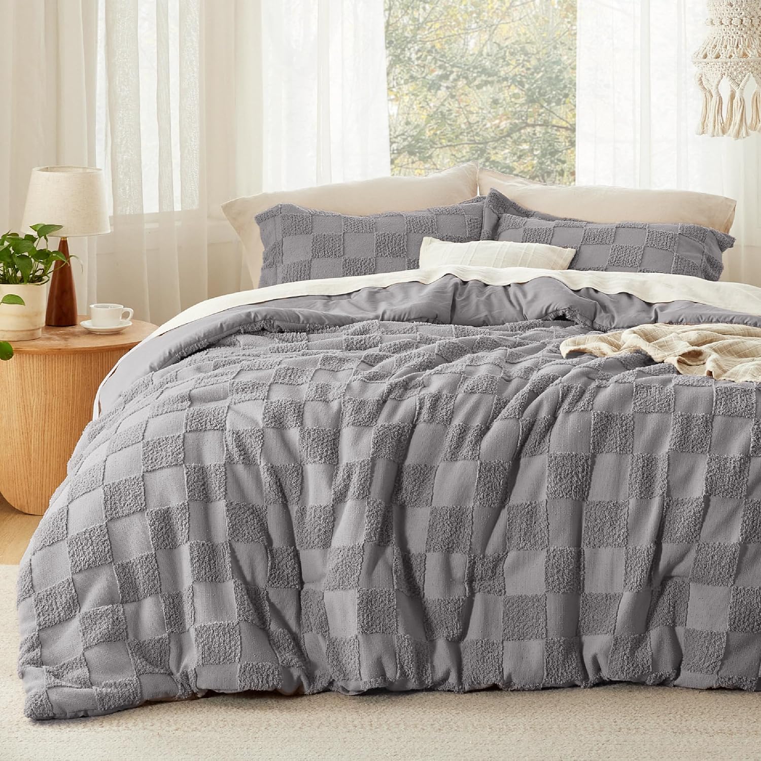 Emerald King Size Comforter Set Boho, Vintage Plaid Bedding 3 Pcs