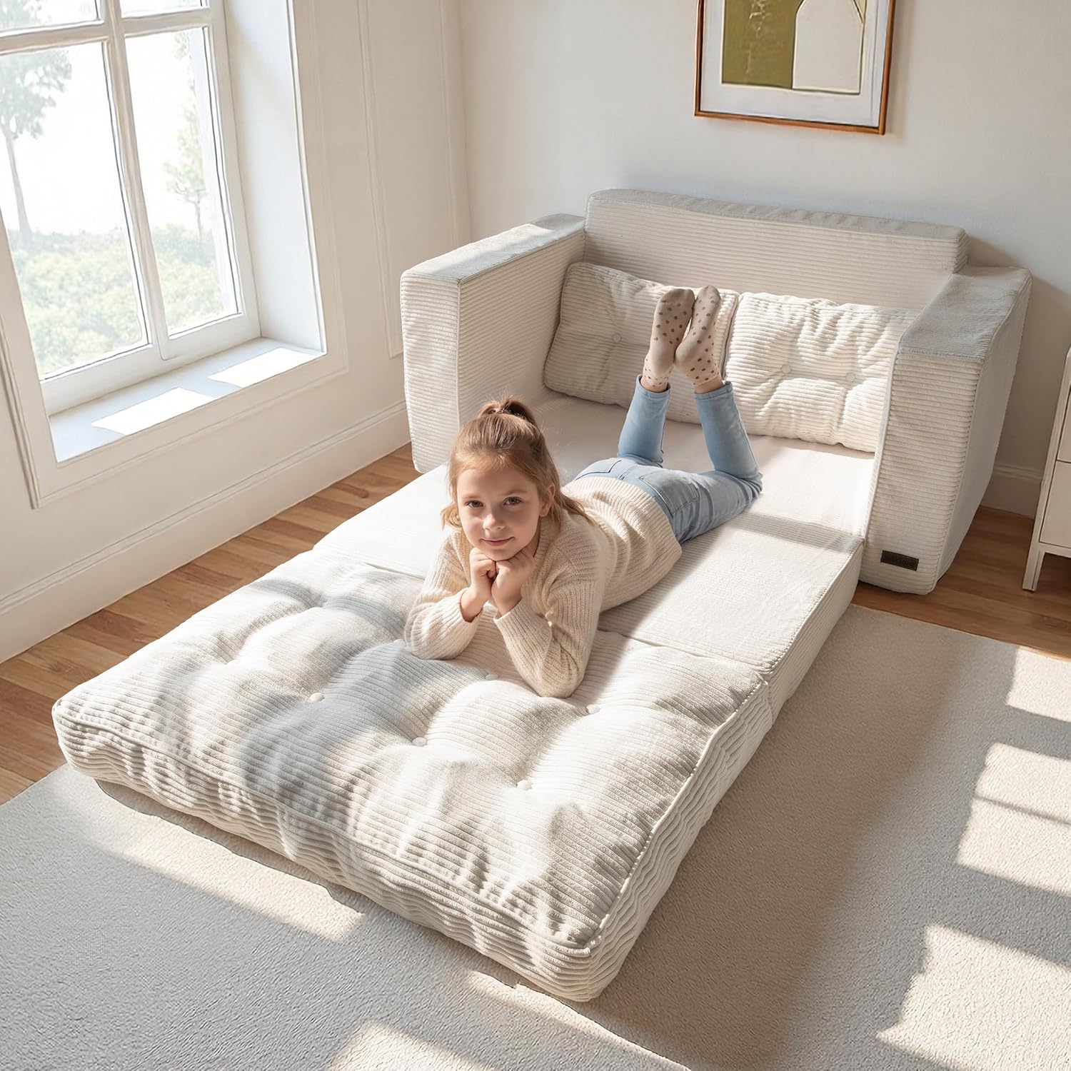 Convertible Sofa Bed, Pull Out Loveseat Sofa Couch, 2 in 1 Folding Couch Bed, Fold Out Floor Couch with Pillows for Living Room Bedroom Lounge, Beige