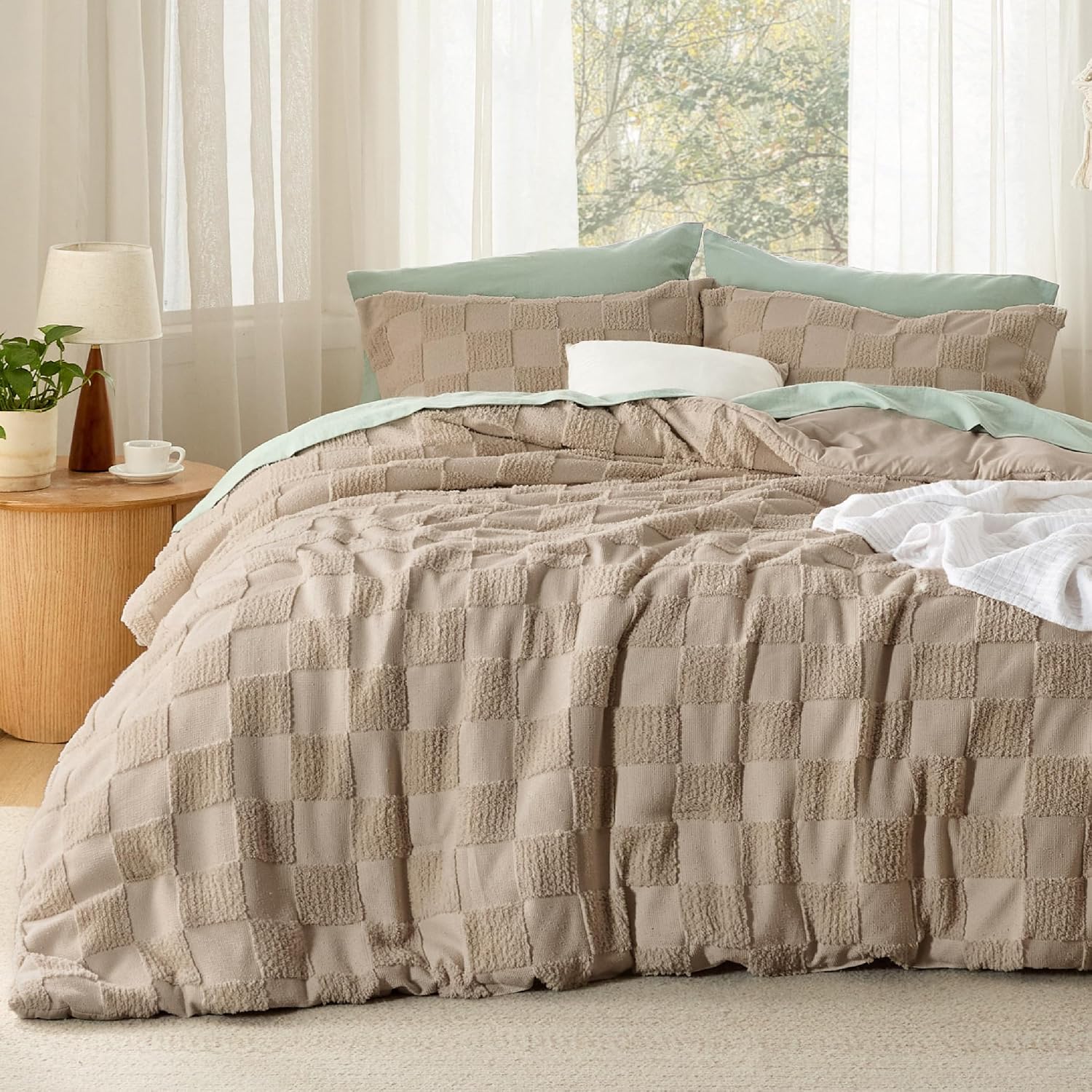 Emerald King Size Comforter Set Boho, Vintage Plaid Bedding 3 Pcs