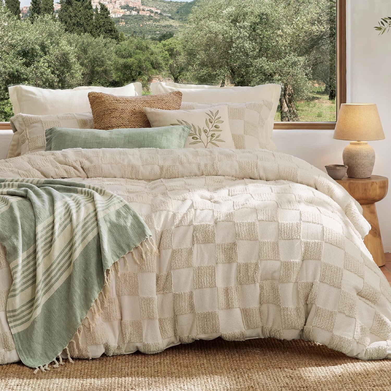 Emerald King Size Comforter Set Boho, Vintage Plaid Bedding 3 Pcs