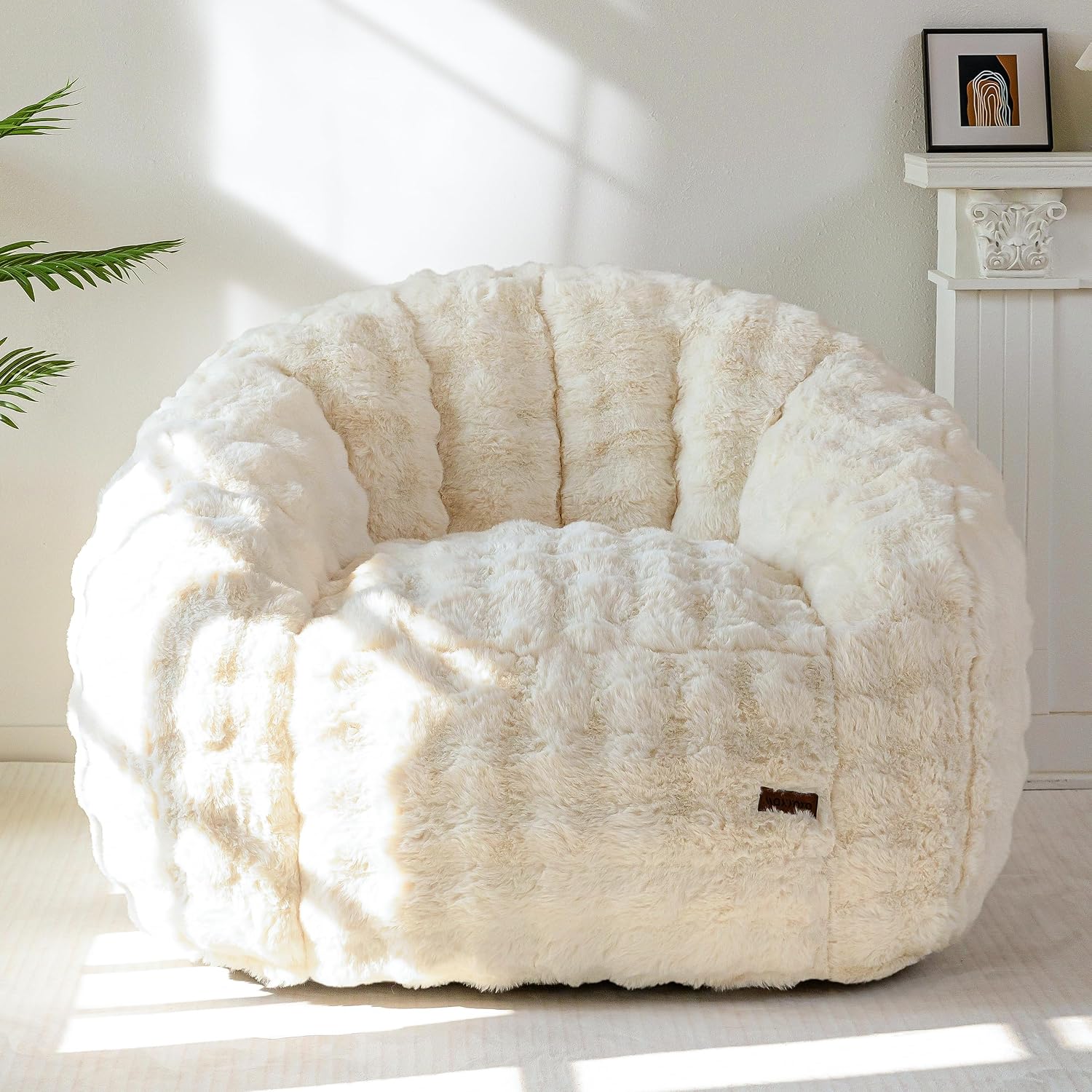 Giant Bean Bag Chair, Oversized Bean Bag Couch for Adults and Kids, Faux Fur Shell-Shaped Large Chair with Filler, Stuffed Big Accent Sofa Lounge Floor Sofa for Reading, Beige, Standard