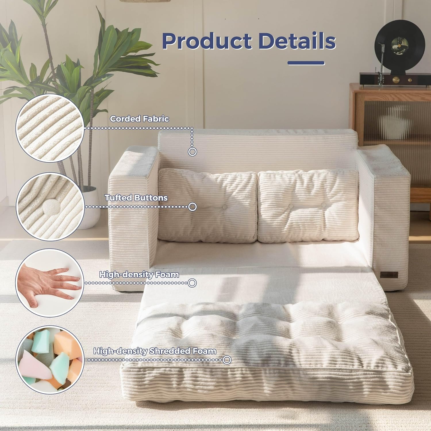 Convertible Sofa Bed, Pull Out Loveseat Sofa Couch, 2 in 1 Folding Couch Bed, Fold Out Floor Couch with Pillows for Living Room Bedroom Lounge, Beige