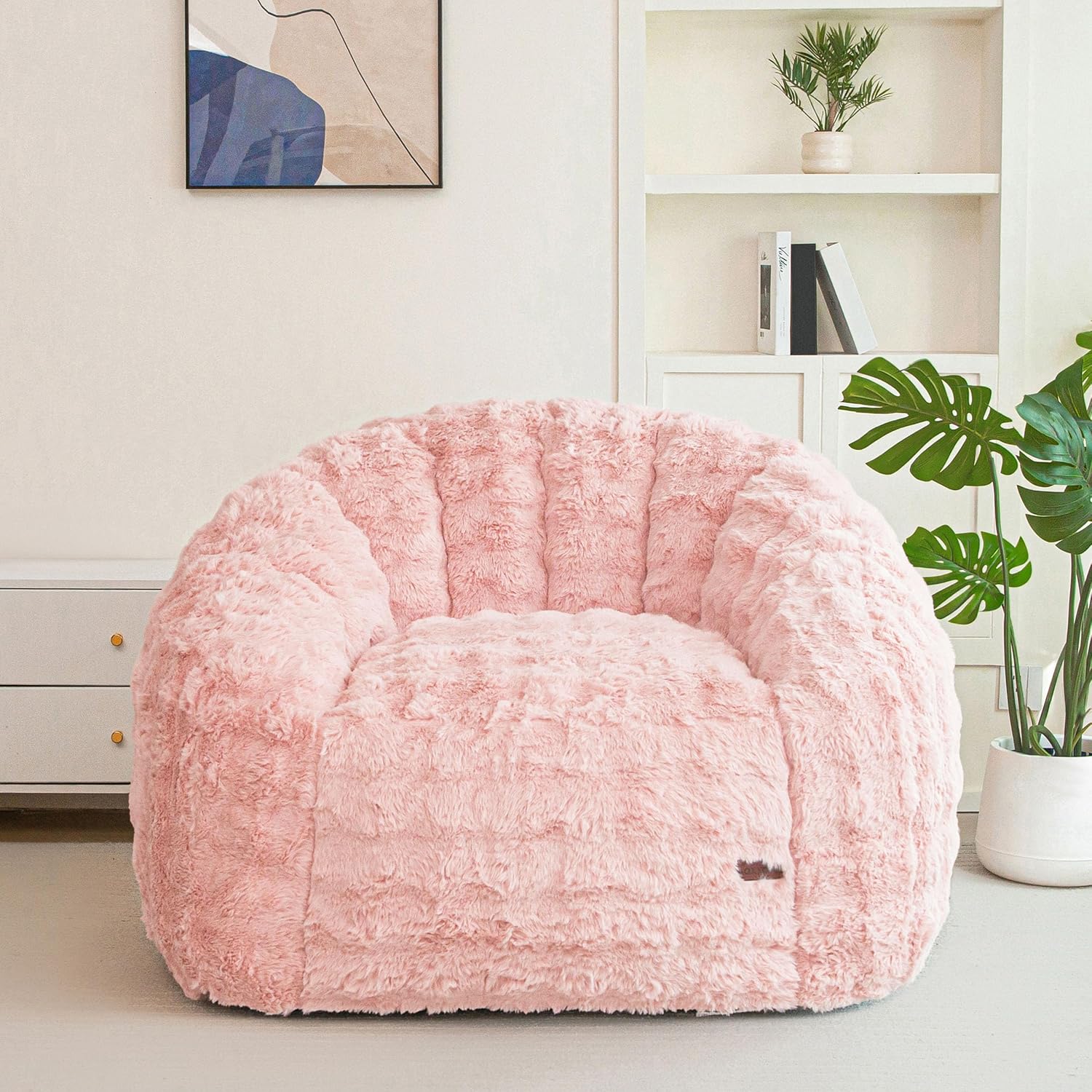 Giant Bean Bag Chair, Oversized Bean Bag Couch for Adults and Kids, Faux Fur Shell-Shaped Large Chair with Filler, Stuffed Big Accent Sofa Lounge Floor Sofa for Reading, Beige, Standard