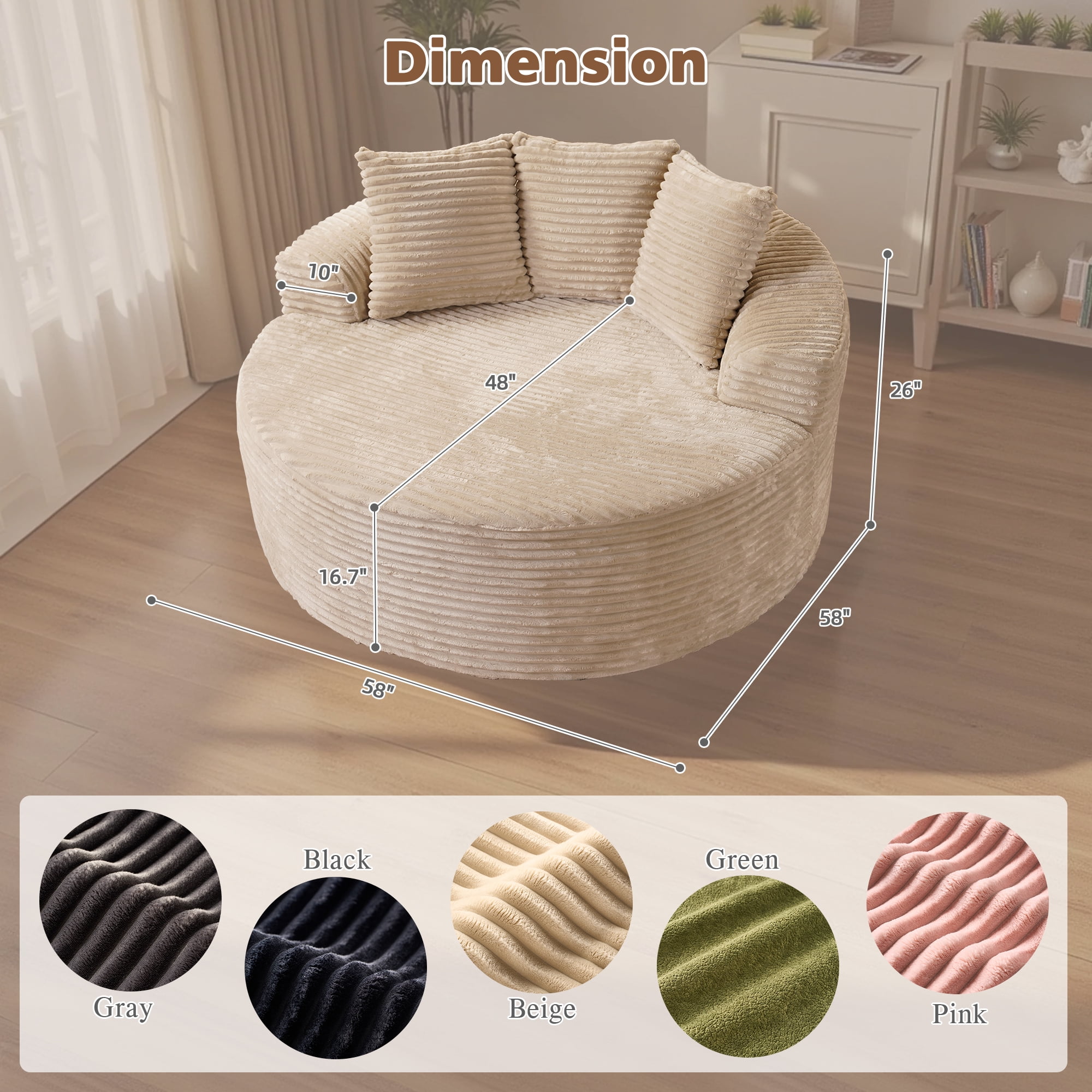 Ovios 58" Oversized Lounge Chair Round Cloud Deep Seat Accent Chair Plush Corduroy Boneless Sofa Chair for Living Room