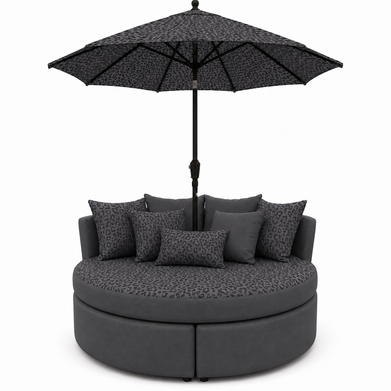 💗 Oversized Round Lounge Daybed with Matching Umbrella & Cushions – Pink Leopard Print