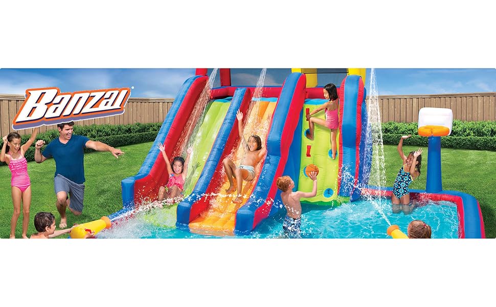 Banzai Twin Falls Kids Giant Colorful Outside Inflatable Water Park Bounce House