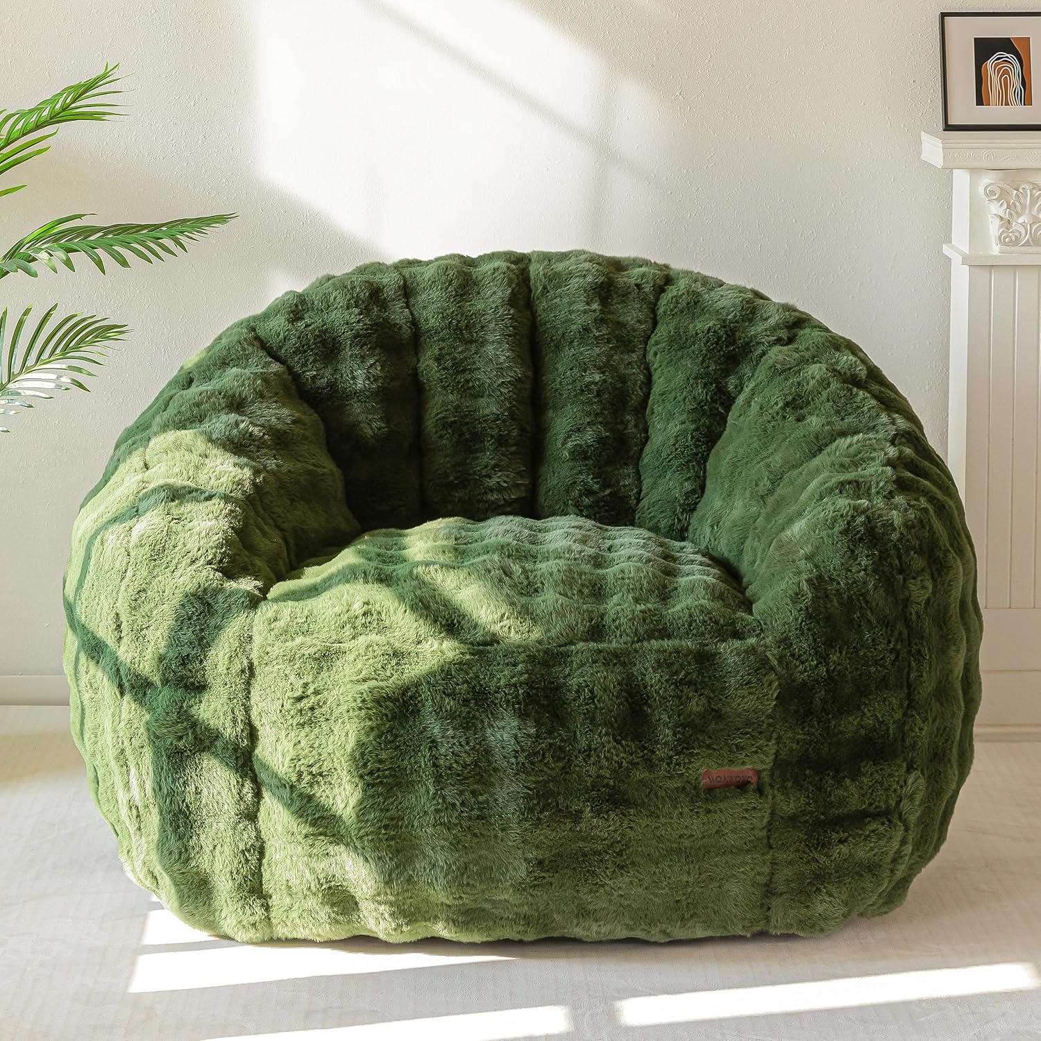 Giant Bean Bag Chair, Oversized Bean Bag Couch for Adults and Kids, Faux Fur Shell-Shaped Large Chair with Filler, Stuffed Big Accent Sofa Lounge Floor Sofa for Reading, Beige, Standard