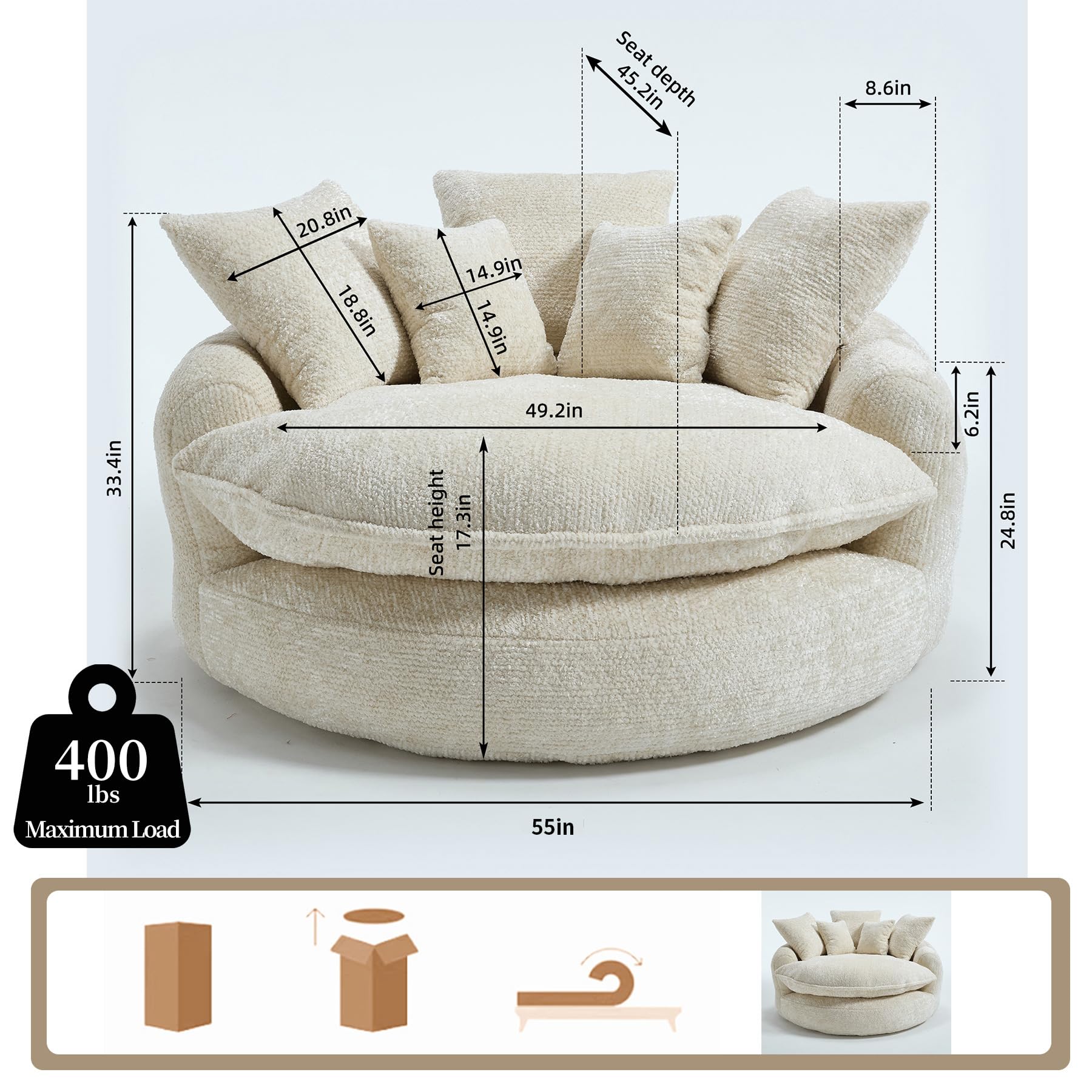 Oversized Fluffy Chenille Lounge Sofa - Extra Deep Seat Cozy Reading Circle Couch for Living Room | Indoor Lounge & Oversized Round Accent Design (Beige)