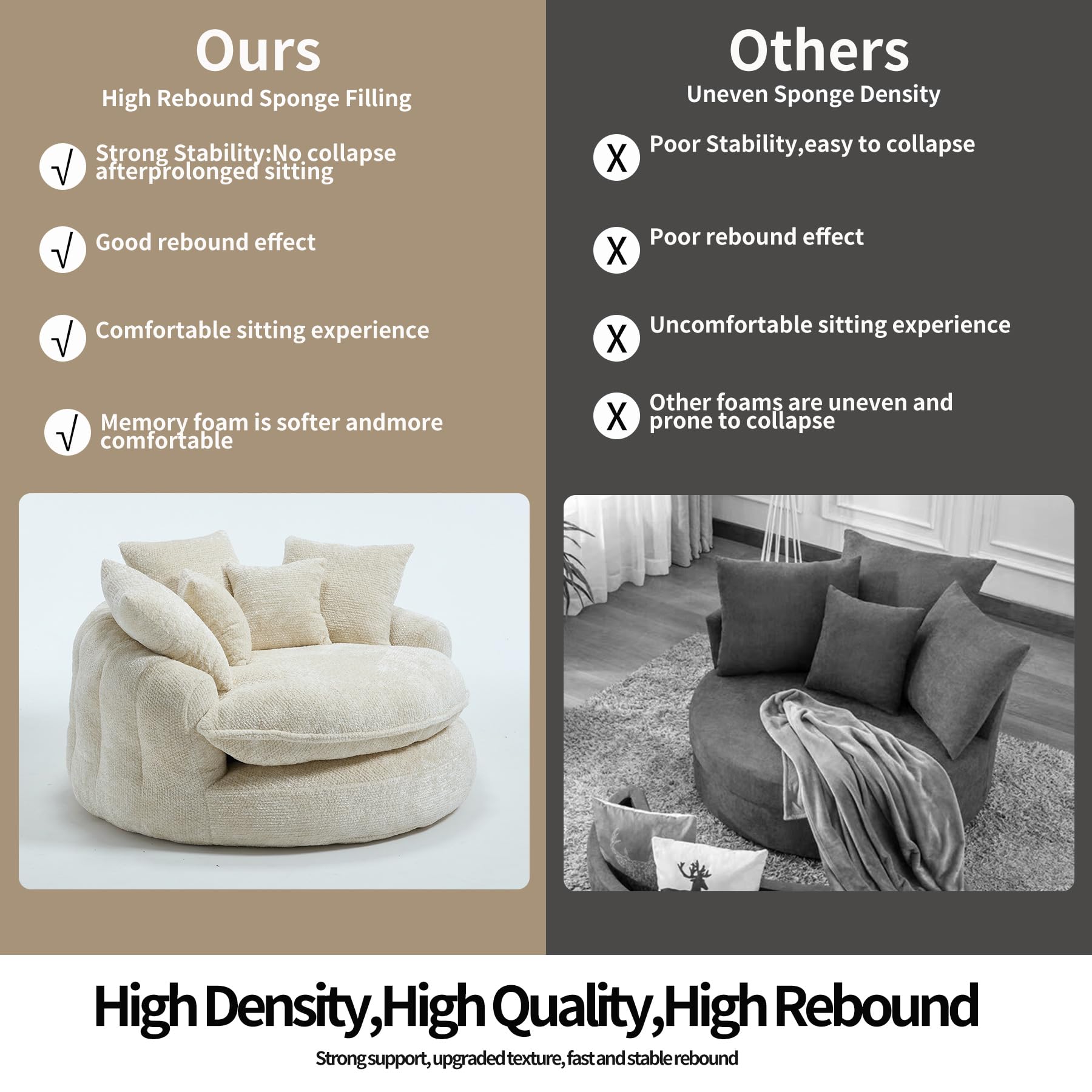 Oversized Fluffy Chenille Lounge Sofa - Extra Deep Seat Cozy Reading Circle Couch for Living Room | Indoor Lounge & Oversized Round Accent Design (Beige)