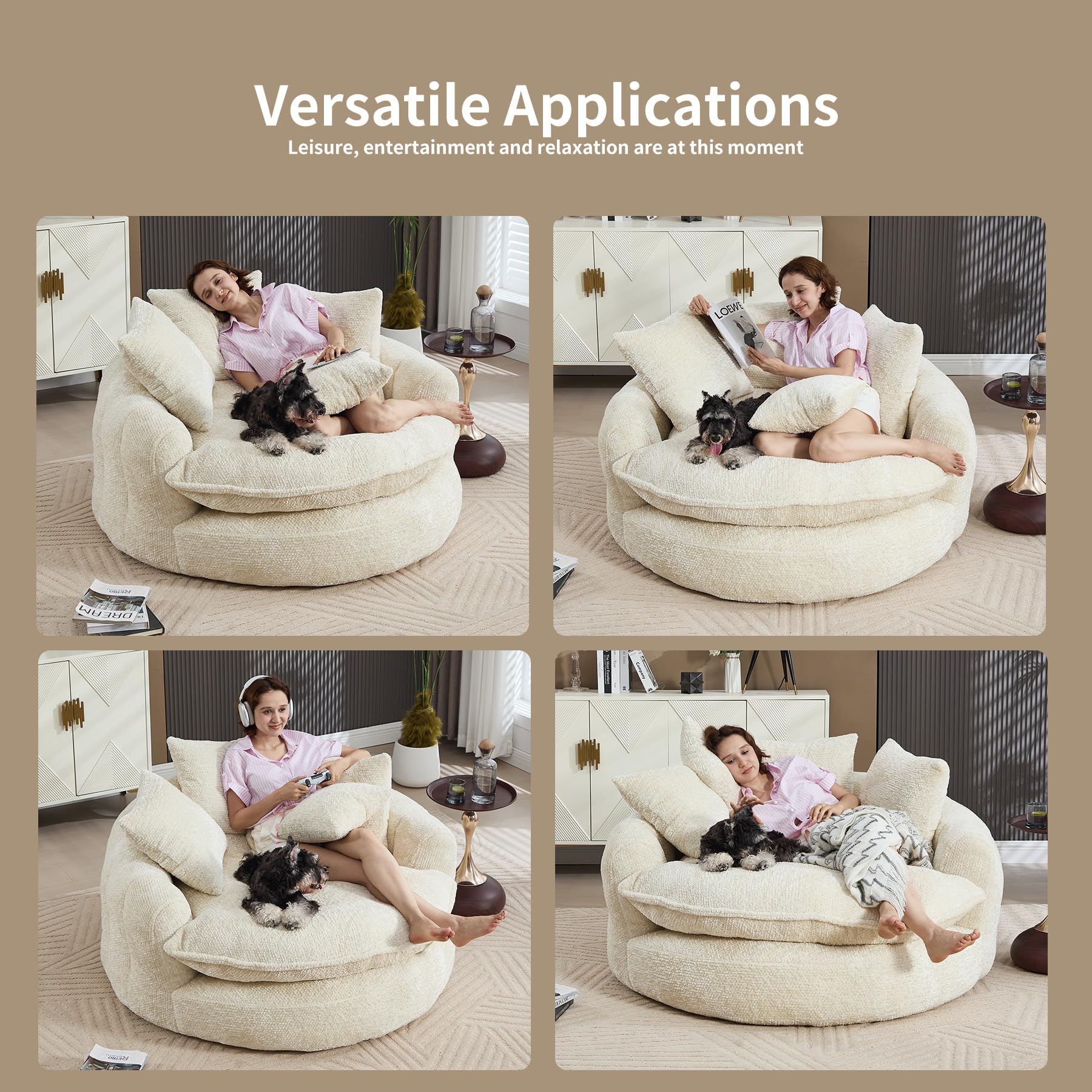 Oversized Fluffy Chenille Lounge Sofa - Extra Deep Seat Cozy Reading Circle Couch for Living Room | Indoor Lounge & Oversized Round Accent Design (Beige)
