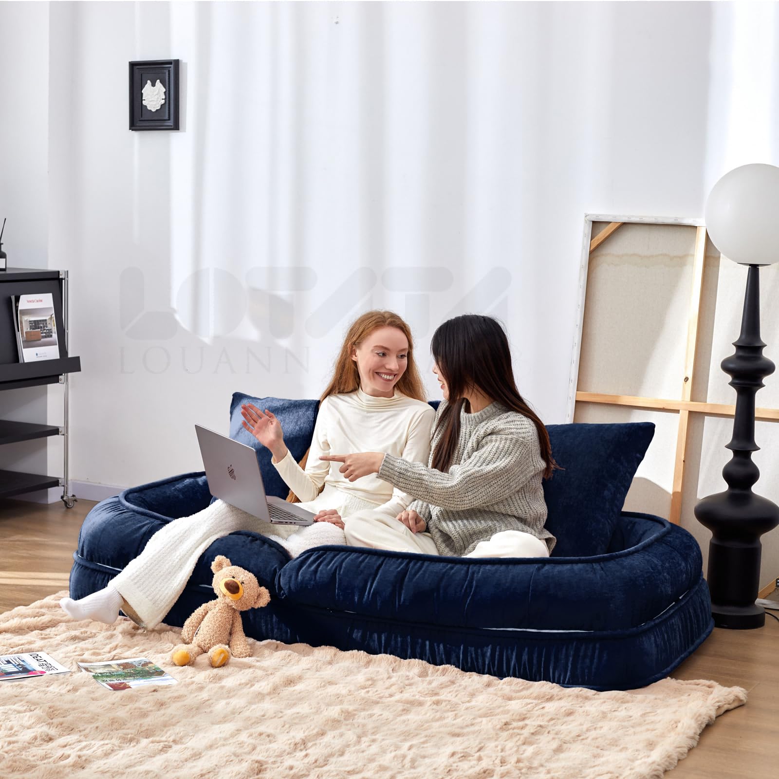Foldable Lazy Sofa Bed Floor Chair - Adjustable Human Dog Bed for Adults Kids Floor Seats - Cozy Small Couch for Home Living Room(Blue)