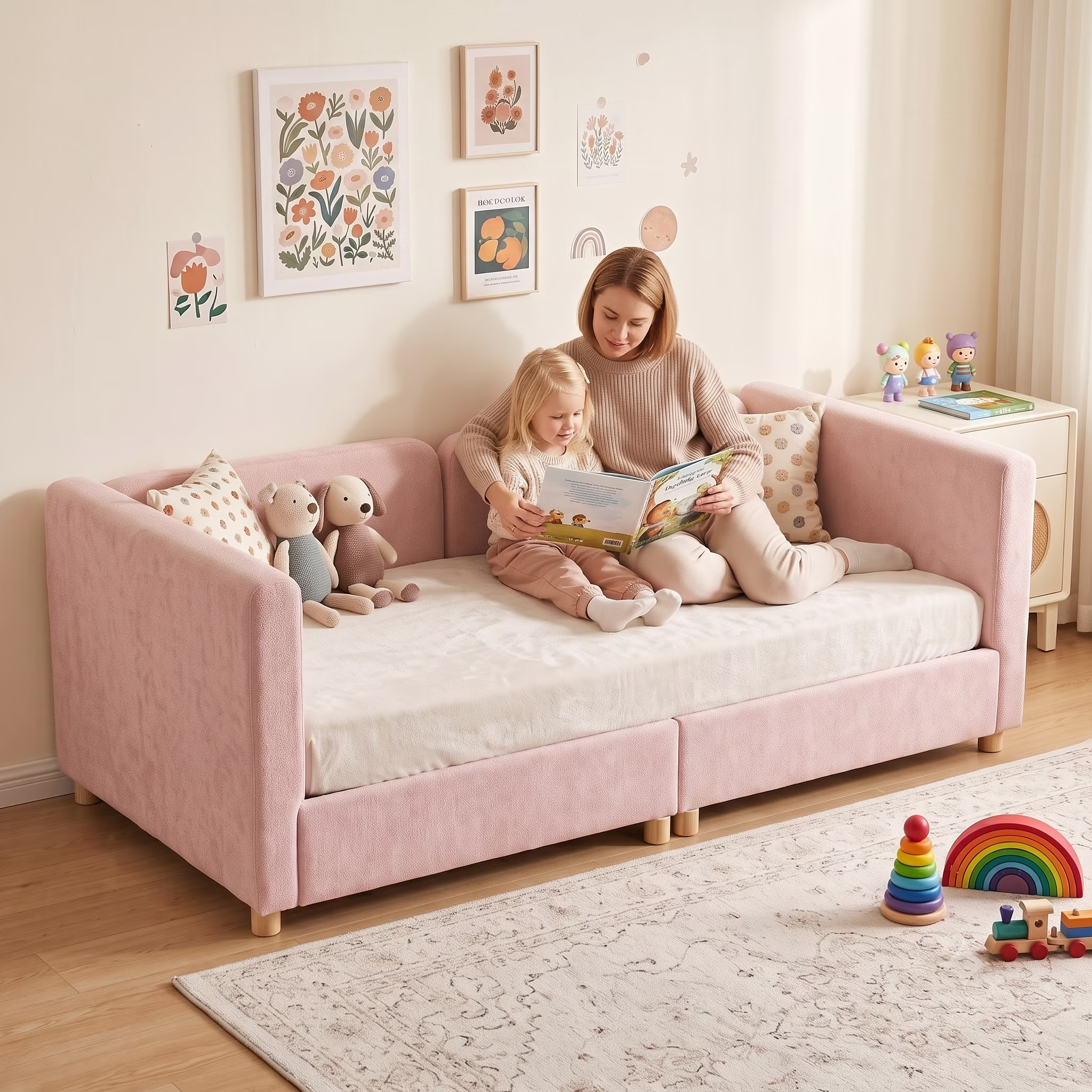 3-in-1 Convertible Kids Sofa – Transforms into Toddler Bed & Bedside Sleeper, Soft Chenille Upholstery, Removable Side Rails, Low-Profile Floor Design