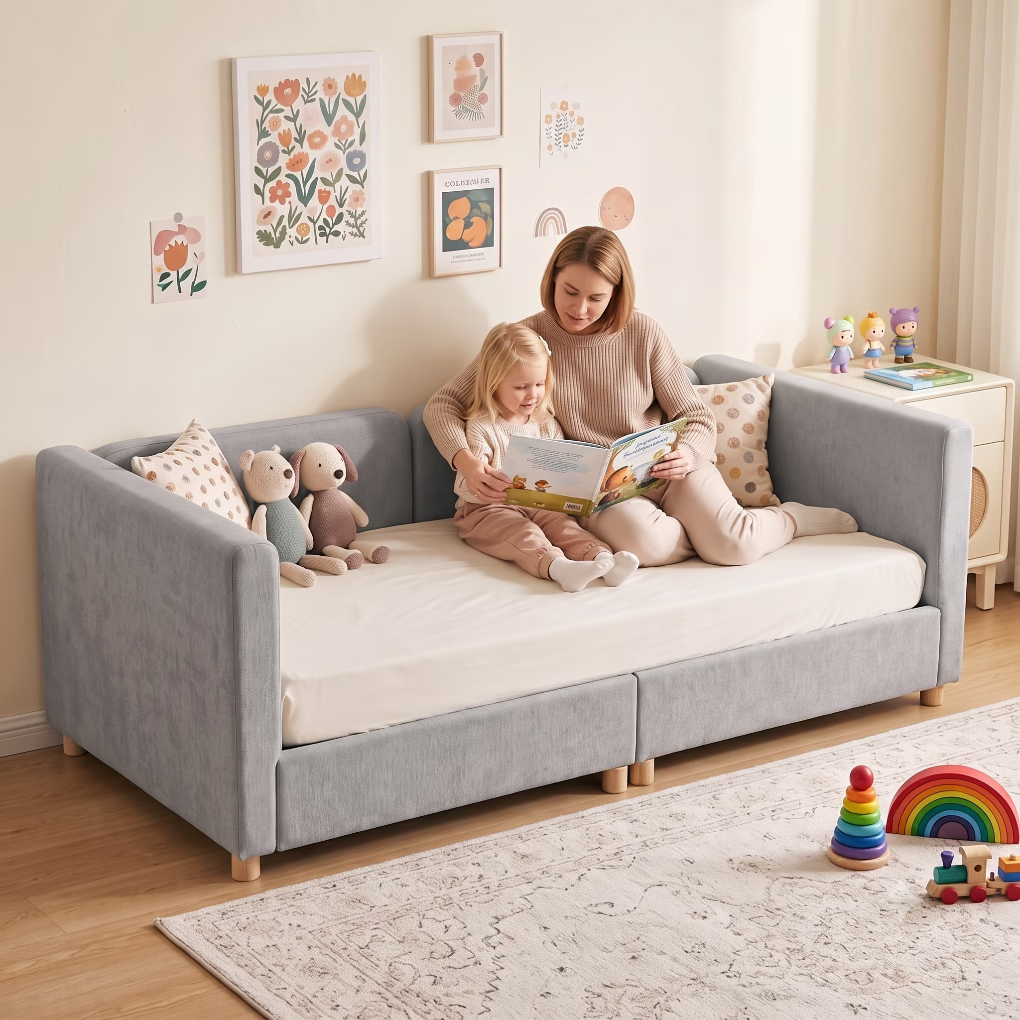 3-in-1 Convertible Kids Sofa – Transforms into Toddler Bed & Bedside Sleeper, Soft Chenille Upholstery, Removable Side Rails, Low-Profile Floor Design