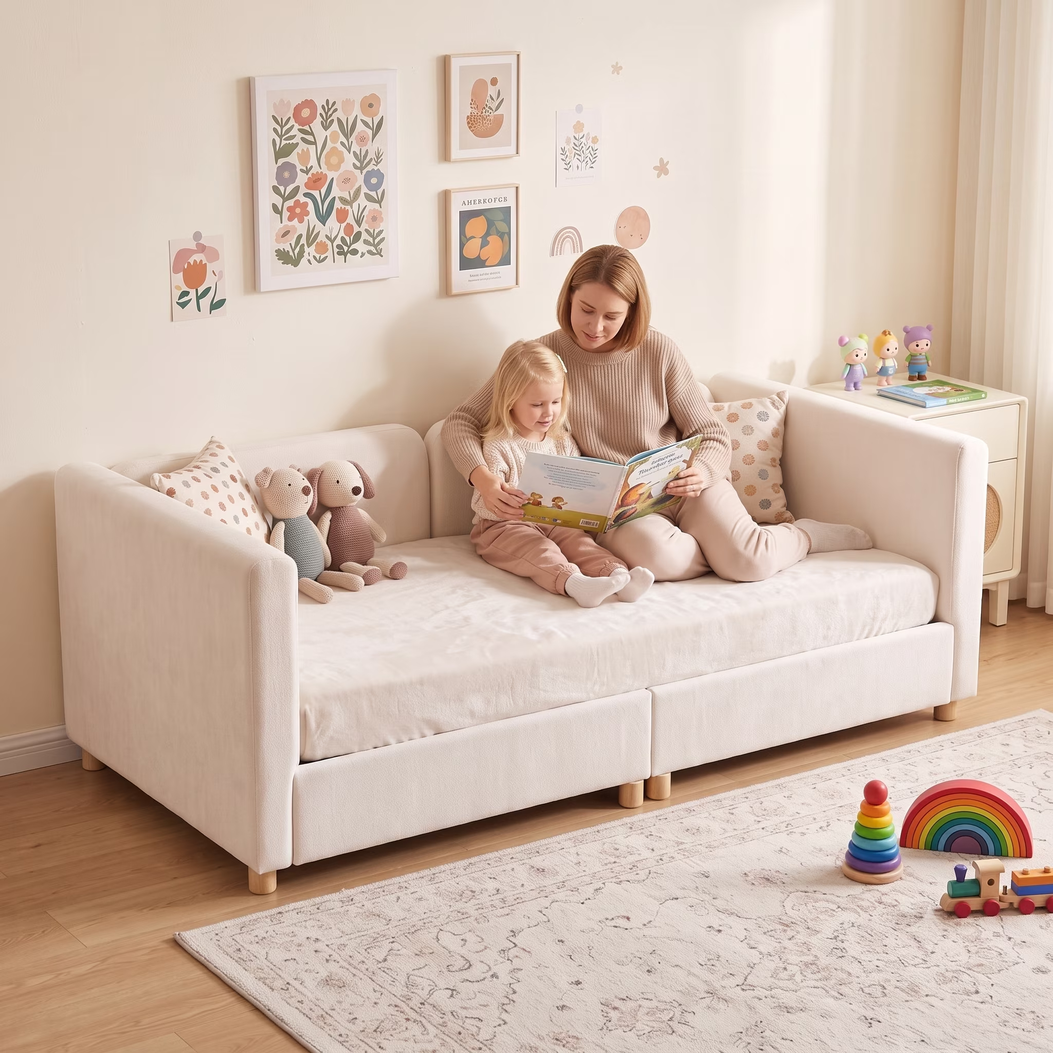 3-in-1 Convertible Kids Sofa – Transforms into Toddler Bed & Bedside Sleeper, Soft Chenille Upholstery, Removable Side Rails, Low-Profile Floor Design