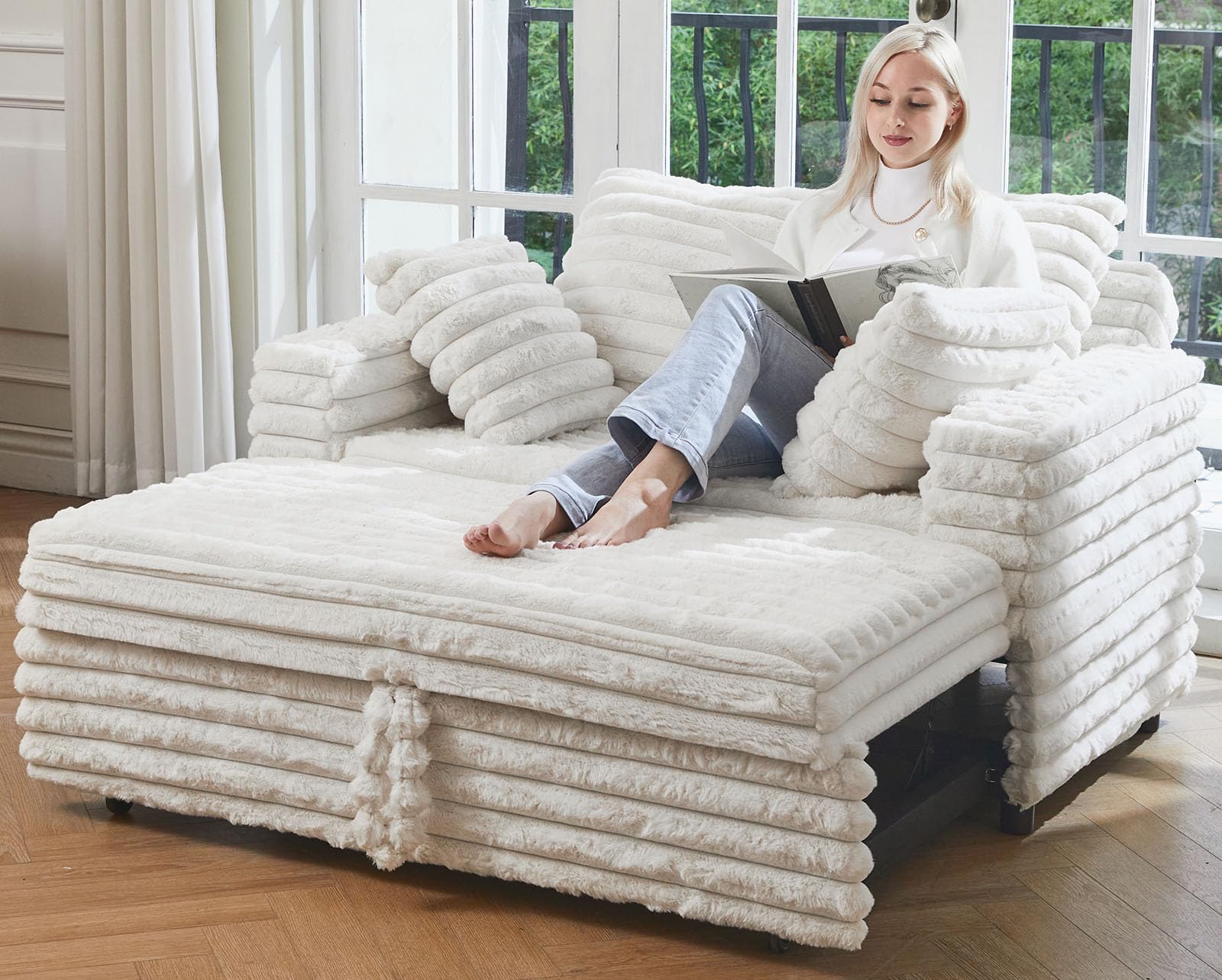 Upholstered Chaise Lounge Pull Out Sofa Bed with Pillows Couch Bed Sofa Pull Out Couch Sleeper Chair for Living Room Plush Corduroy