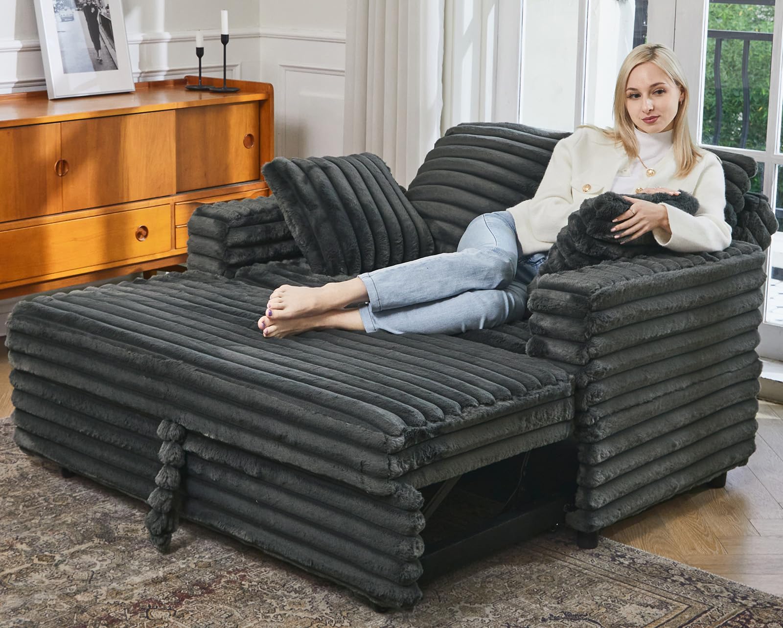 Upholstered Chaise Lounge Pull Out Sofa Bed with Pillows Couch Bed Sofa Pull Out Couch Sleeper Chair for Living Room Plush Corduroy