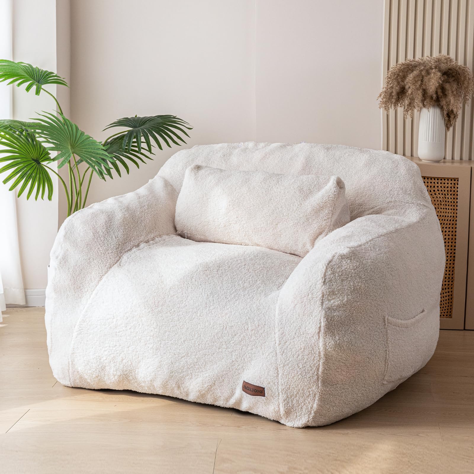 Giant Bean Bag Chair with Pillow, Boucle Bean Bag Sofa for Adults,Large Upholstered Bean Bag Couch Lazy Sofa with Filler for Reading, Gaming, Beige