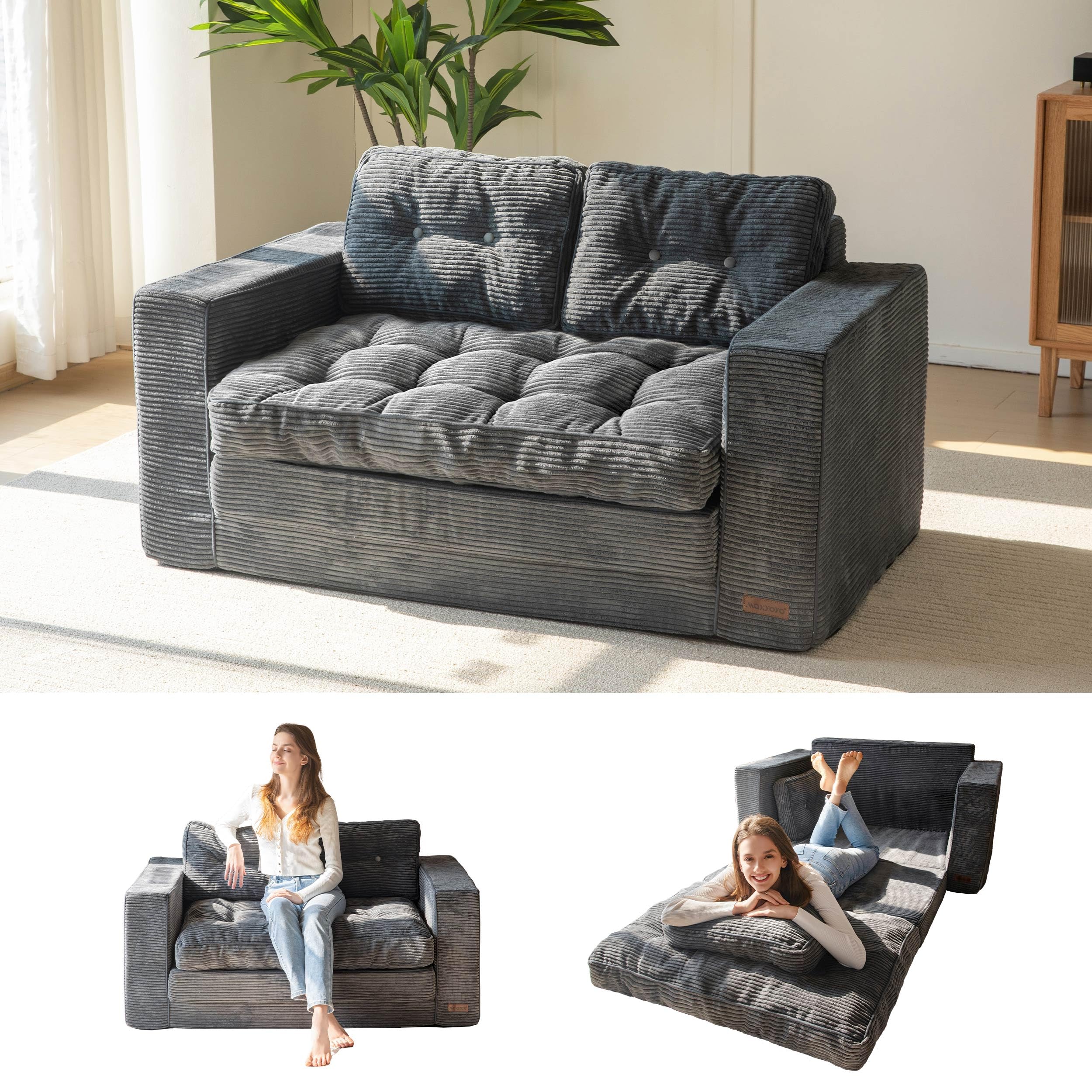 Convertible Sofa Bed, Pull Out Loveseat Sofa Couch, 2 in 1 Folding Couch Bed, Fold Out Floor Couch with Pillows for Living Room Bedroom Lounge, Beige