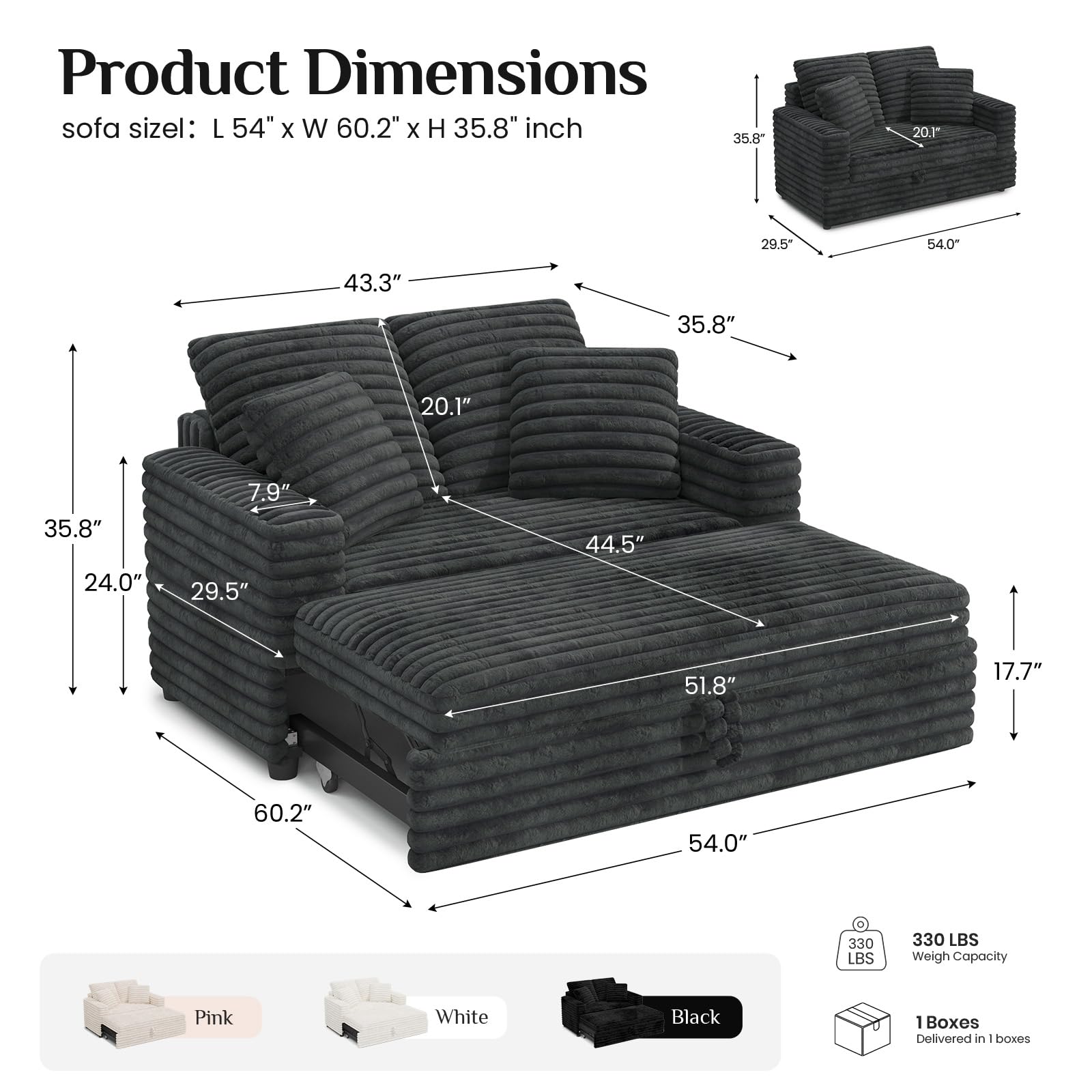 Upholstered Chaise Lounge Pull Out Sofa Bed with Pillows Couch Bed Sofa Pull Out Couch Sleeper Chair for Living Room Plush Corduroy