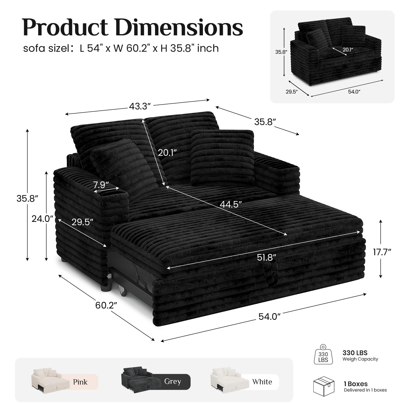 Upholstered Chaise Lounge Pull Out Sofa Bed with Pillows Couch Bed Sofa Pull Out Couch Sleeper Chair for Living Room Plush Corduroy