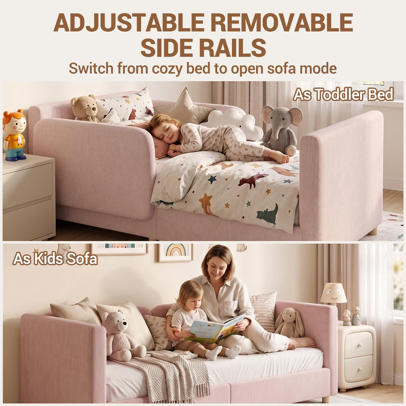 3-in-1 Convertible Kids Sofa – Transforms into Toddler Bed & Bedside Sleeper, Soft Chenille Upholstery, Removable Side Rails, Low-Profile Floor Design