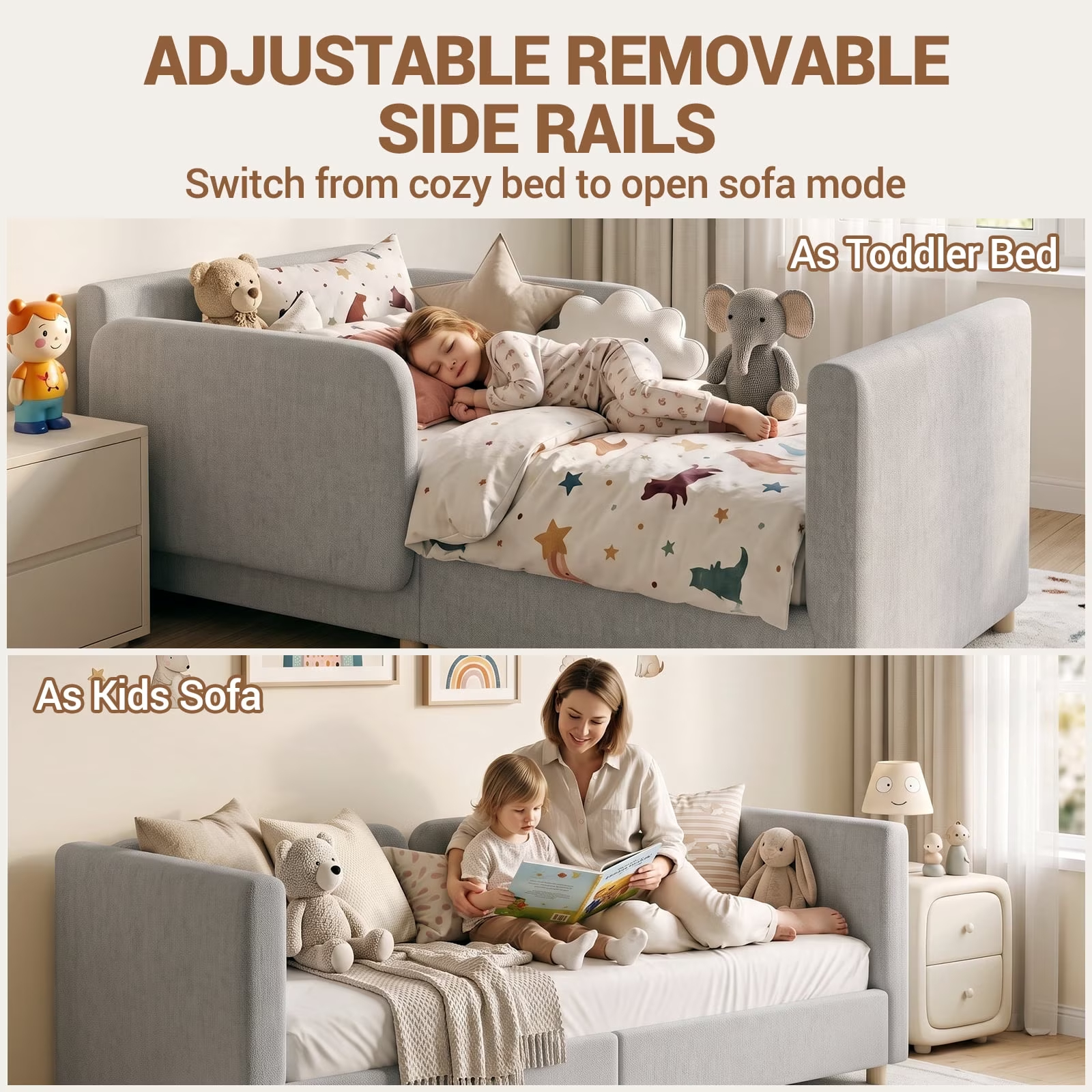3-in-1 Convertible Kids Sofa – Transforms into Toddler Bed & Bedside Sleeper, Soft Chenille Upholstery, Removable Side Rails, Low-Profile Floor Design
