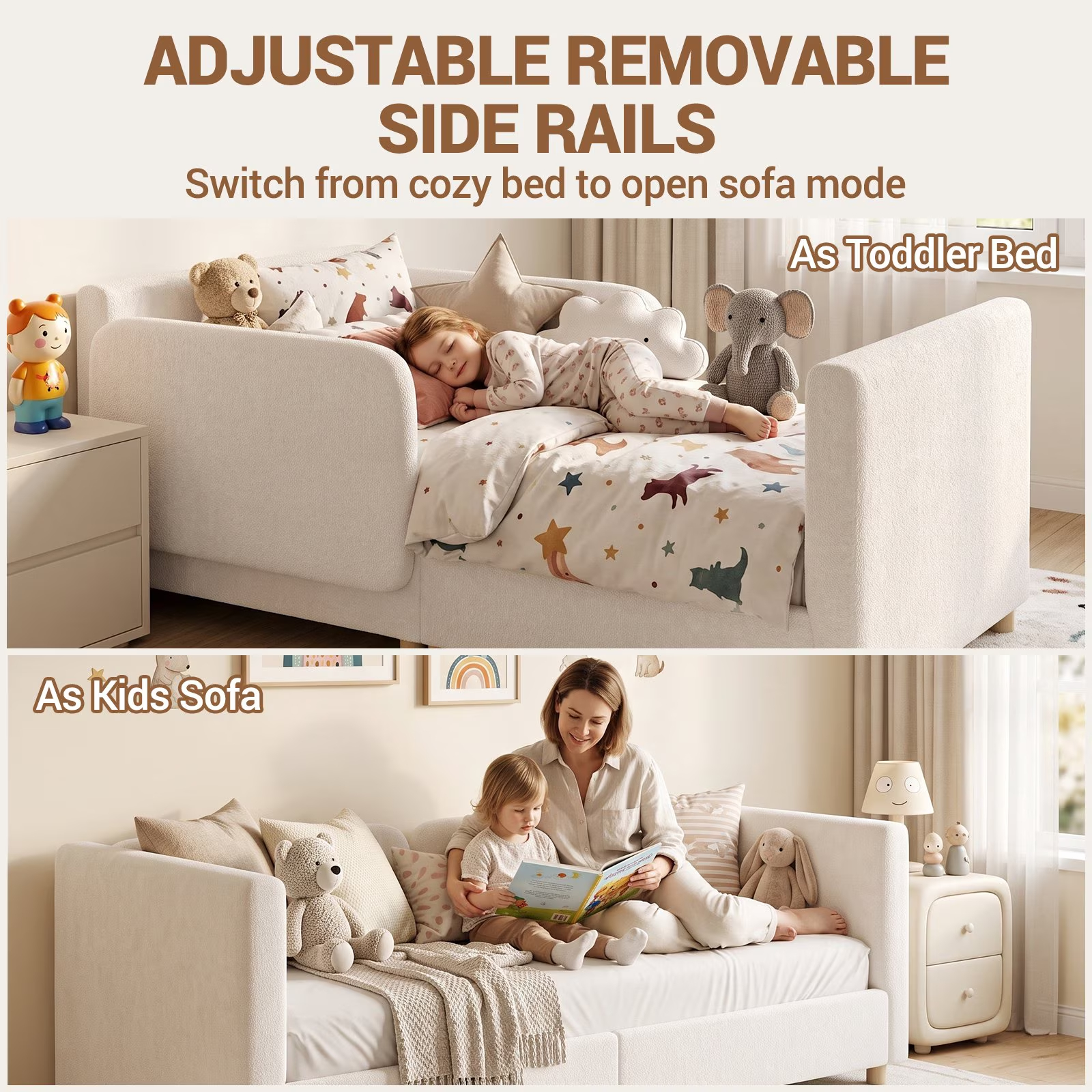 3-in-1 Convertible Kids Sofa – Transforms into Toddler Bed & Bedside Sleeper, Soft Chenille Upholstery, Removable Side Rails, Low-Profile Floor Design