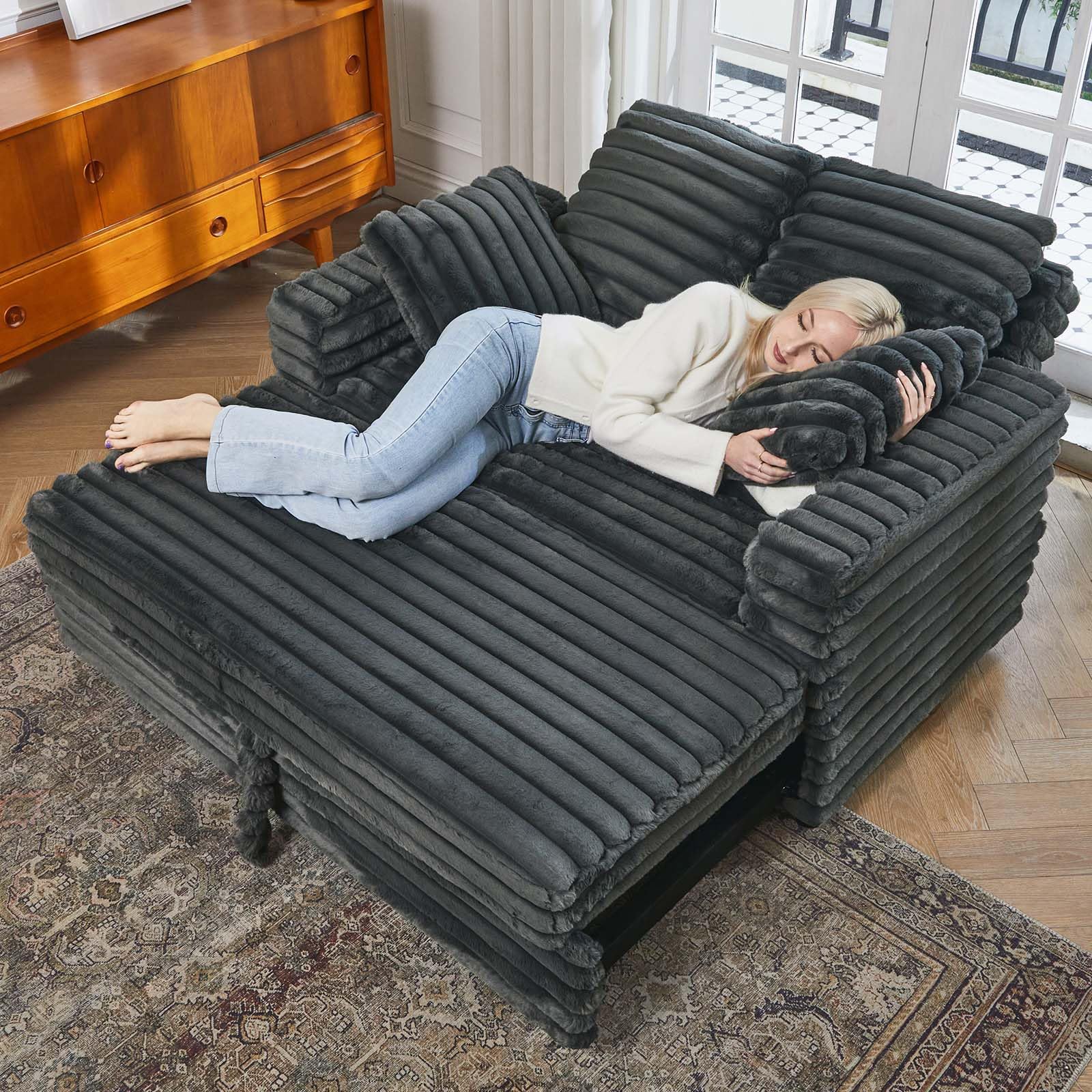 Upholstered Chaise Lounge Pull Out Sofa Bed with Pillows Couch Bed Sofa Pull Out Couch Sleeper Chair for Living Room Plush Corduroy