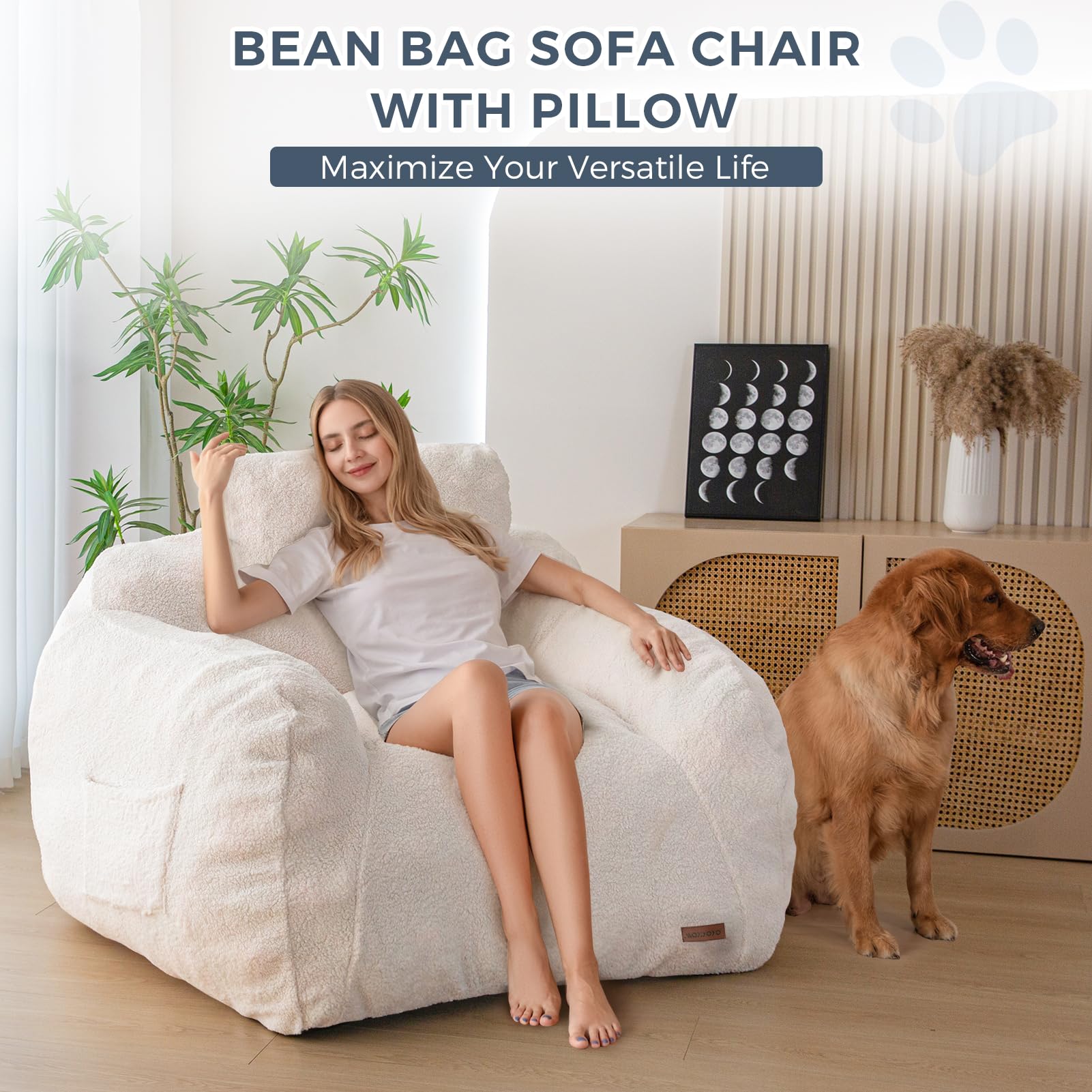 Giant Bean Bag Chair with Pillow, Boucle Bean Bag Sofa for Adults,Large Upholstered Bean Bag Couch Lazy Sofa with Filler for Reading, Gaming, Beige