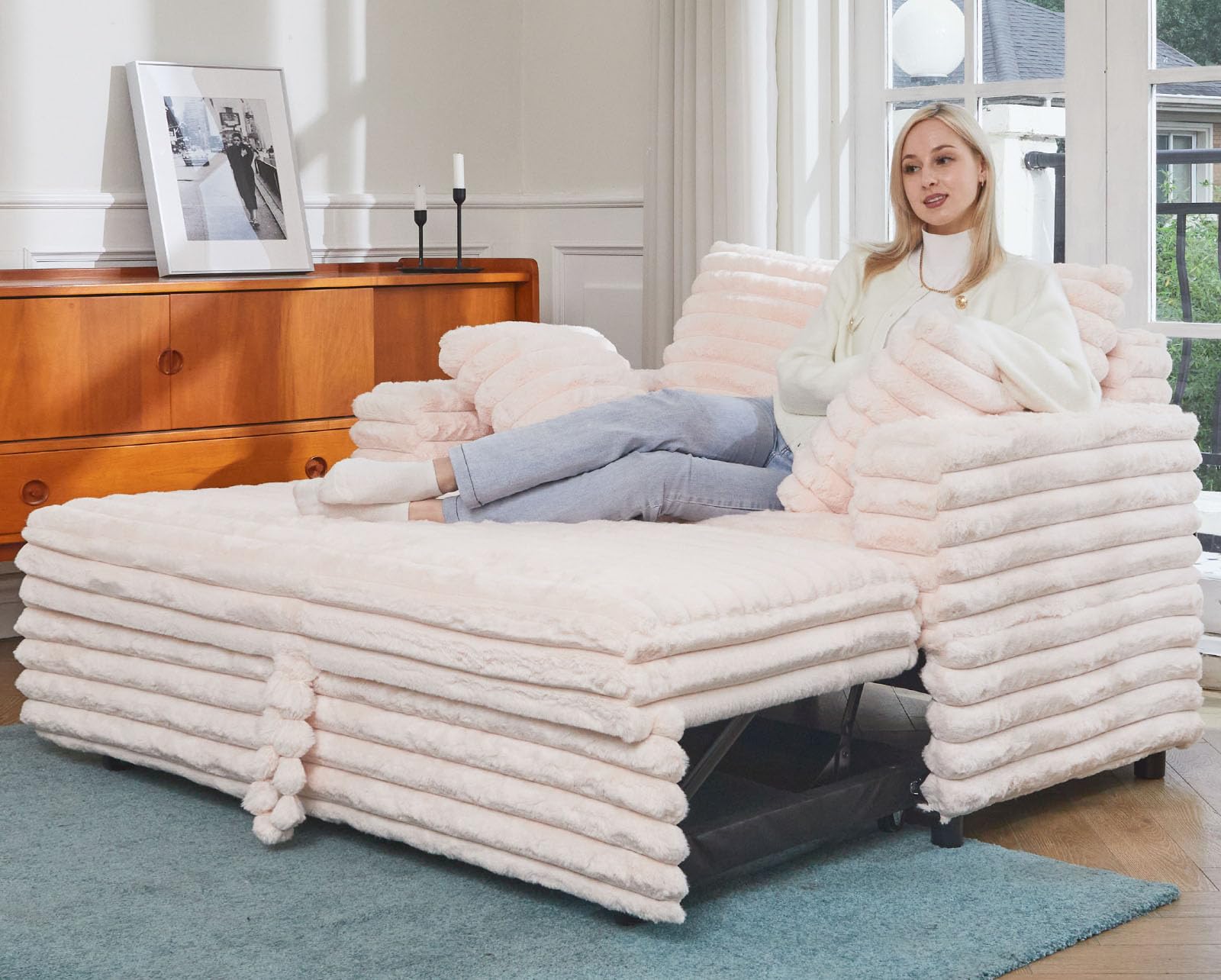 Upholstered Chaise Lounge Pull Out Sofa Bed with Pillows Couch Bed Sofa Pull Out Couch Sleeper Chair for Living Room Plush Corduroy