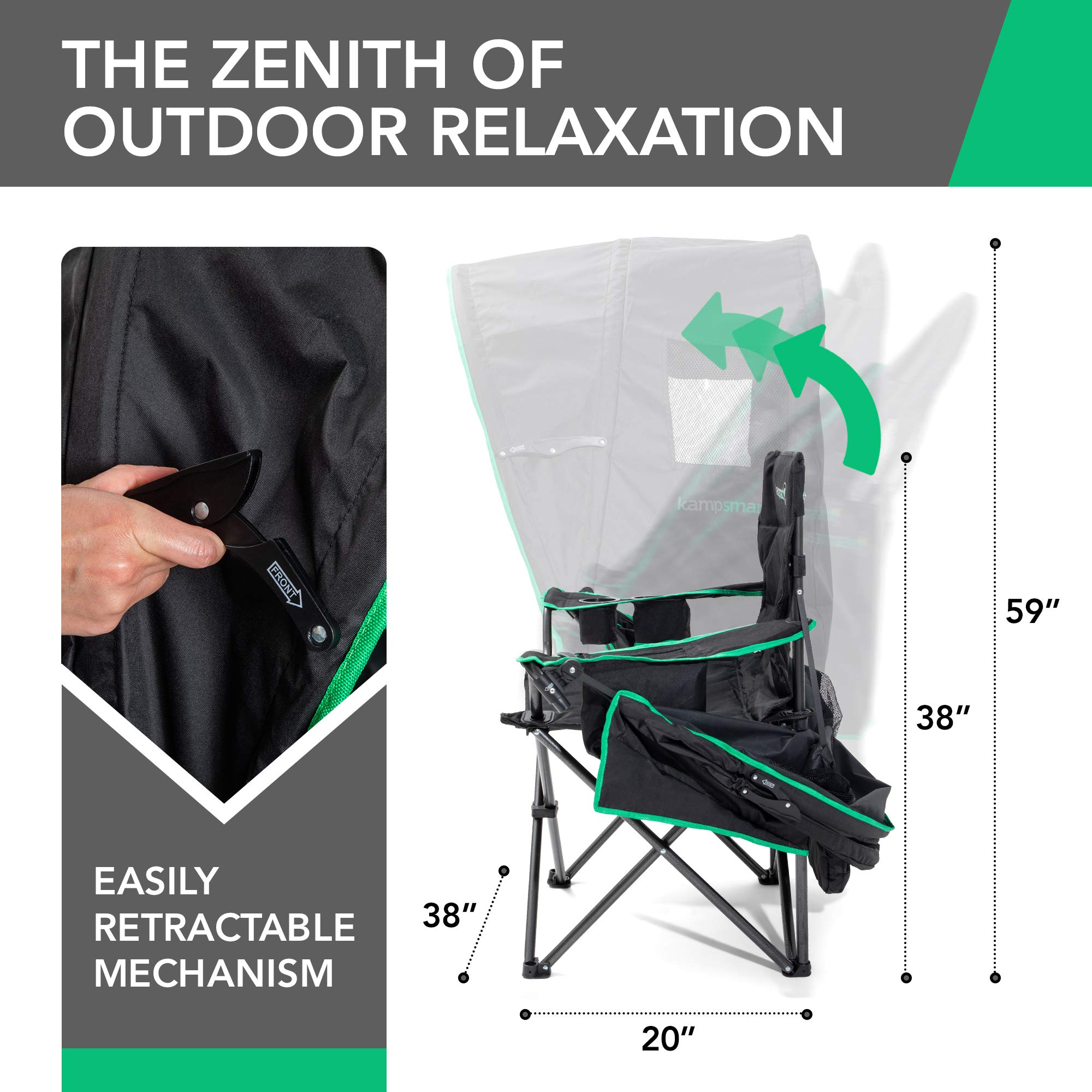 Folding Camping Chair - Outdoor Sun Lounger with Retractable Canopy Shade, UV Protection, Ice Cooler Pocket, Phone Holder & Storage Bag - Portable Seat for Beach, Fishing, Camp, Sports Event