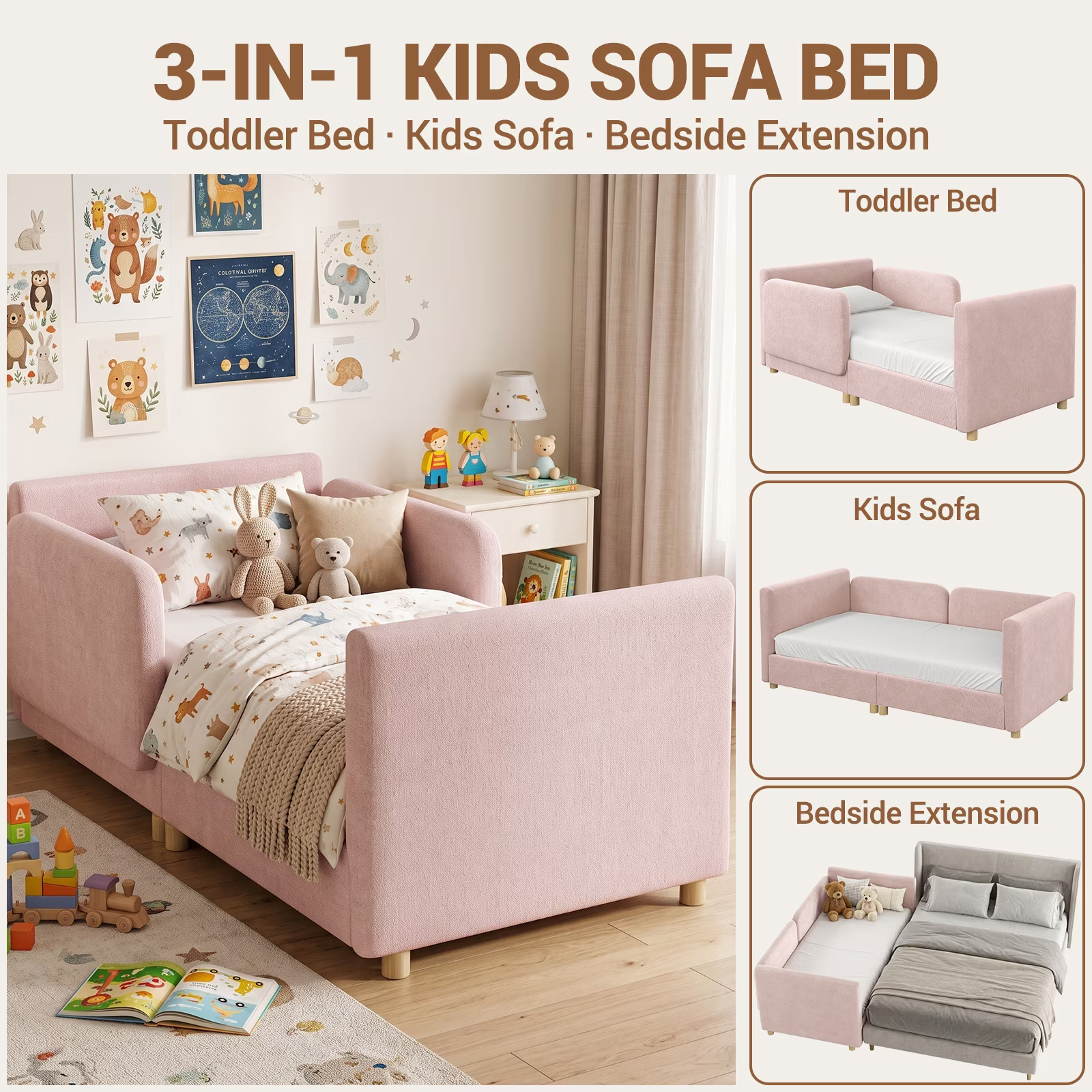 3-in-1 Convertible Kids Sofa – Transforms into Toddler Bed & Bedside Sleeper, Soft Chenille Upholstery, Removable Side Rails, Low-Profile Floor Design