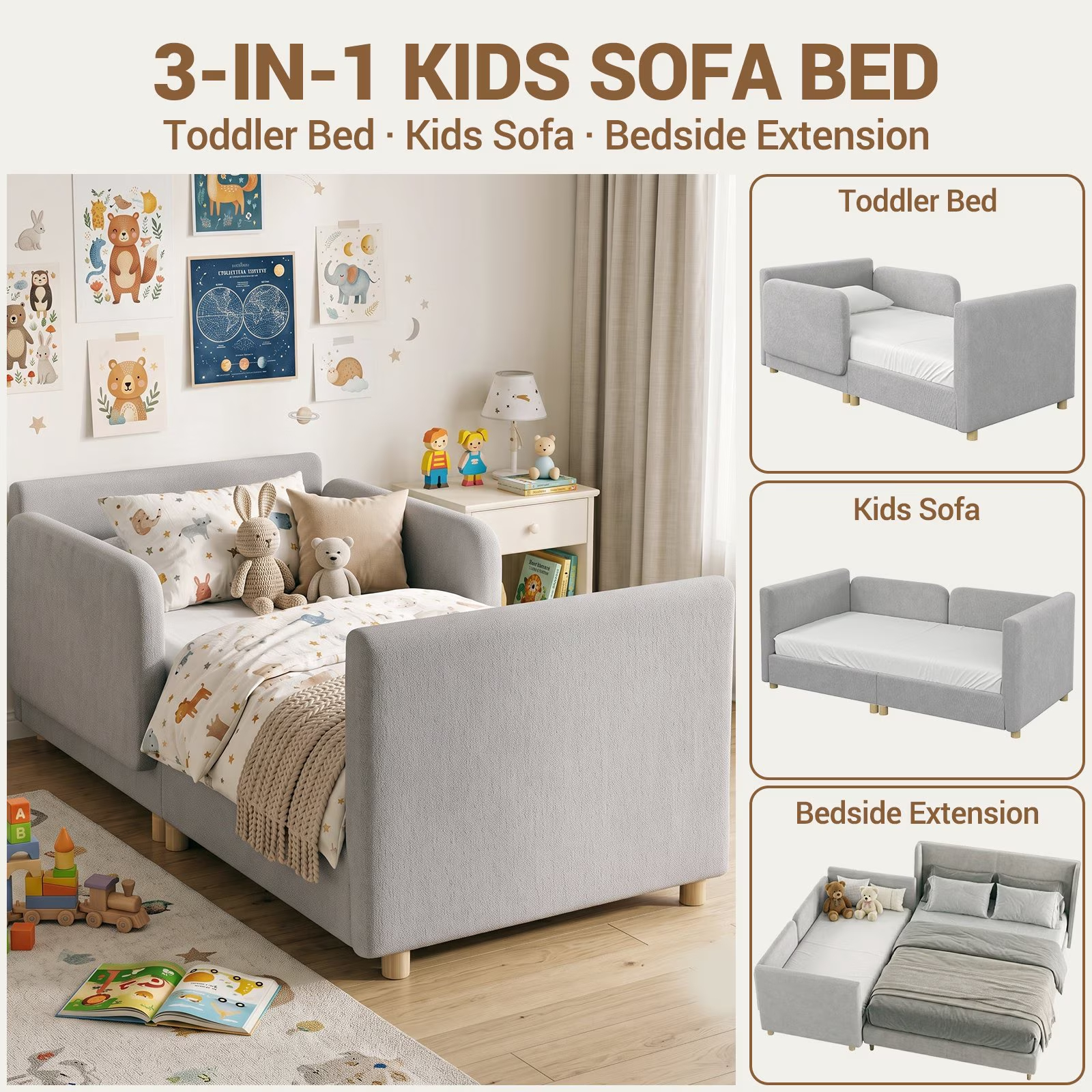 3-in-1 Convertible Kids Sofa – Transforms into Toddler Bed & Bedside Sleeper, Soft Chenille Upholstery, Removable Side Rails, Low-Profile Floor Design