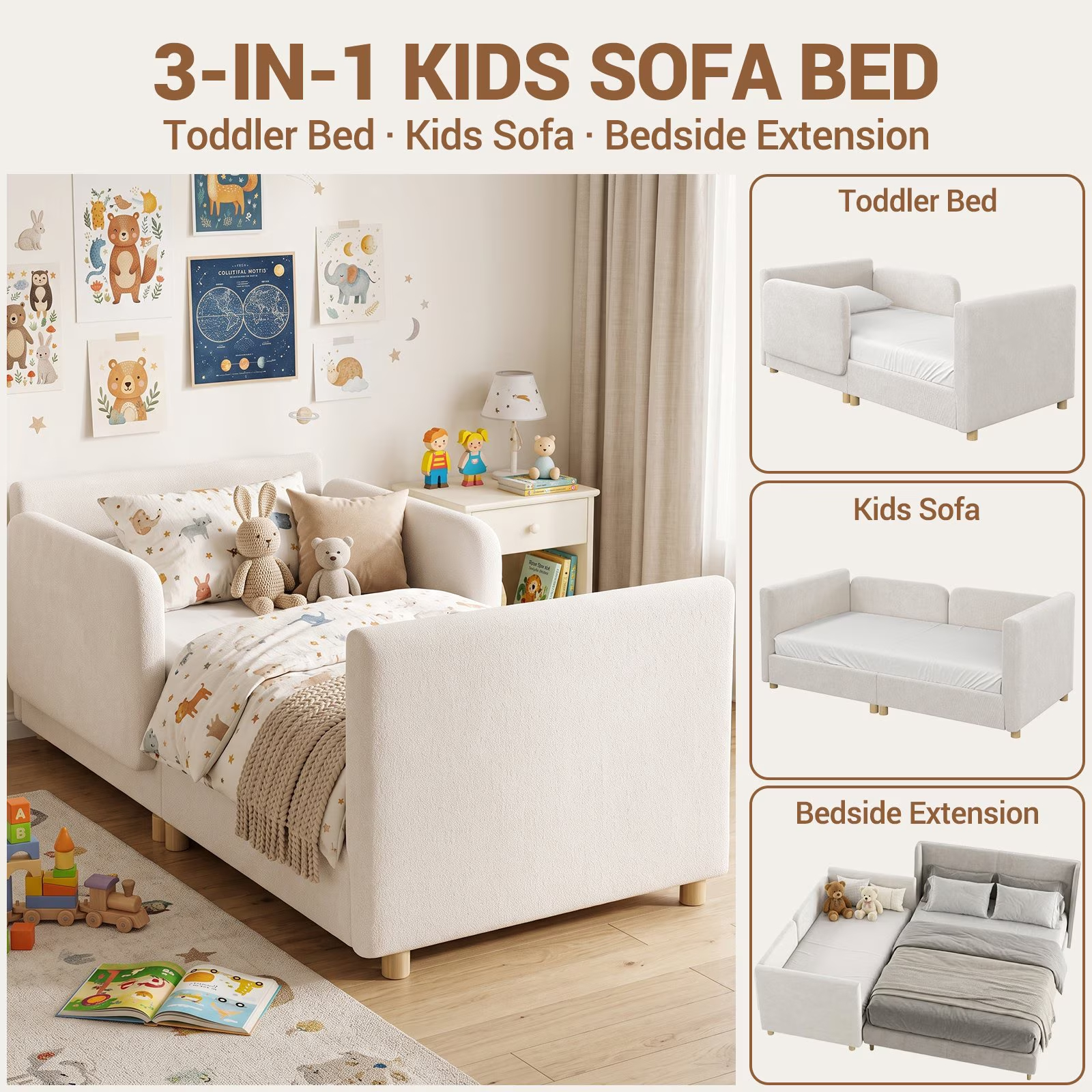 3-in-1 Convertible Kids Sofa – Transforms into Toddler Bed & Bedside Sleeper, Soft Chenille Upholstery, Removable Side Rails, Low-Profile Floor Design