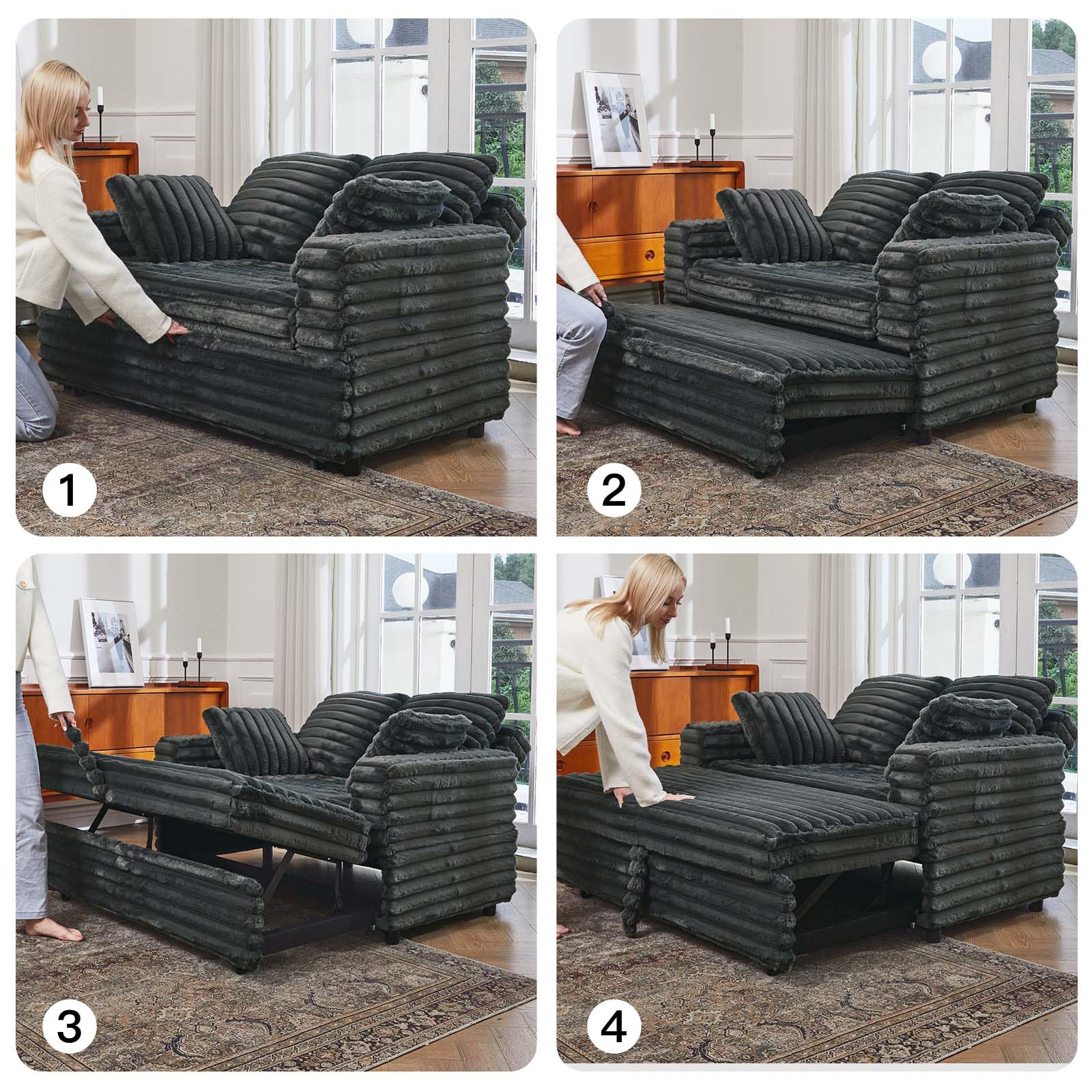 Upholstered Chaise Lounge Pull Out Sofa Bed with Pillows Couch Bed Sofa Pull Out Couch Sleeper Chair for Living Room Plush Corduroy