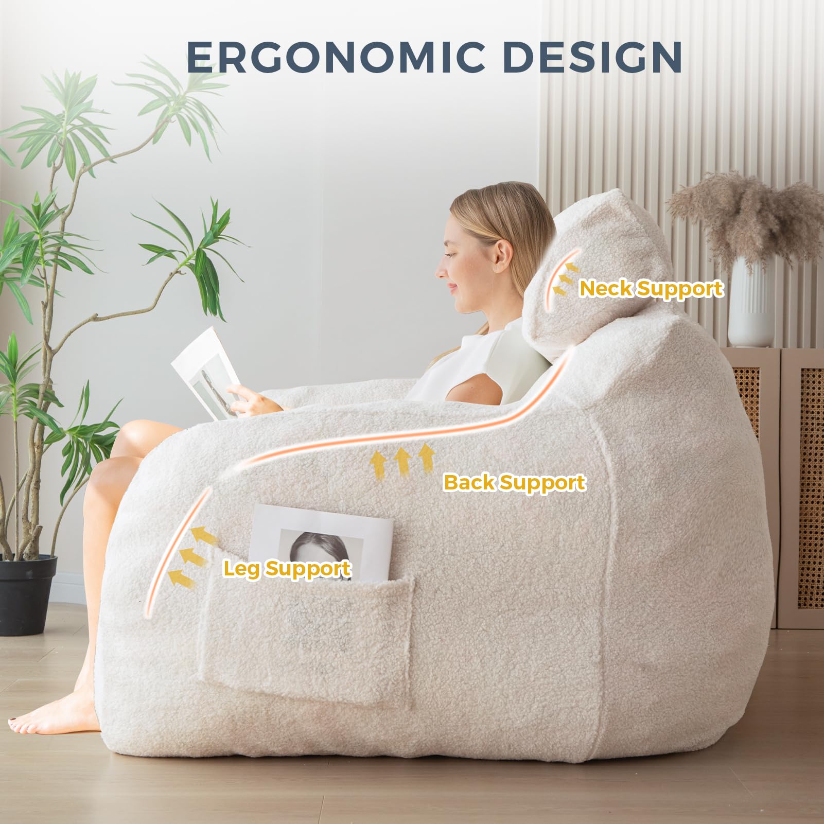 Giant Bean Bag Chair with Pillow, Boucle Bean Bag Sofa for Adults,Large Upholstered Bean Bag Couch Lazy Sofa with Filler for Reading, Gaming, Beige