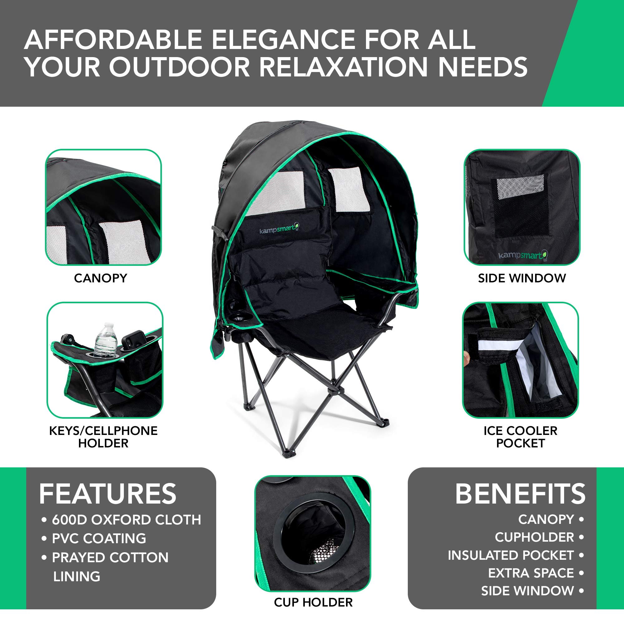 Folding Camping Chair - Outdoor Sun Lounger with Retractable Canopy Shade, UV Protection, Ice Cooler Pocket, Phone Holder & Storage Bag - Portable Seat for Beach, Fishing, Camp, Sports Event