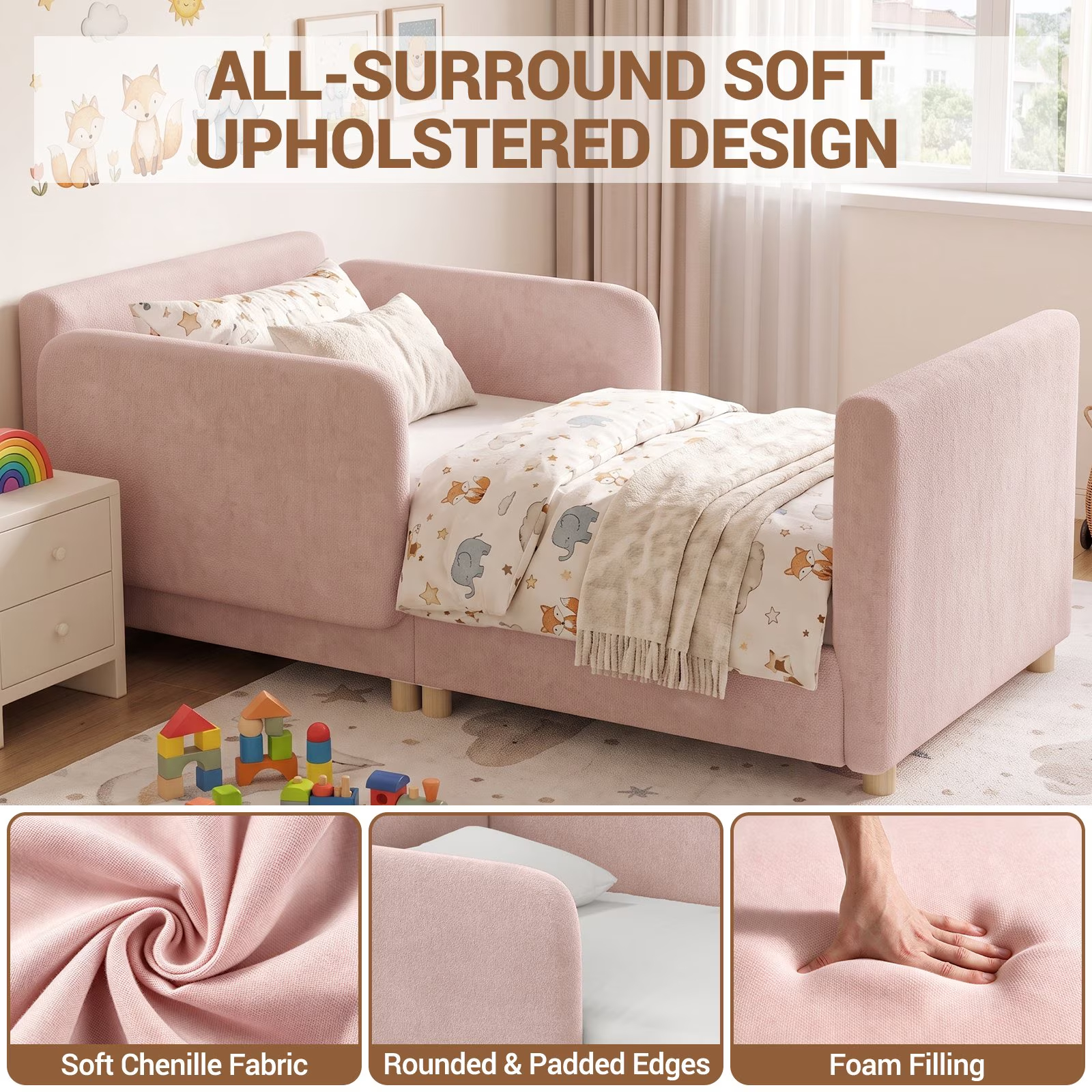 3-in-1 Convertible Kids Sofa – Transforms into Toddler Bed & Bedside Sleeper, Soft Chenille Upholstery, Removable Side Rails, Low-Profile Floor Design