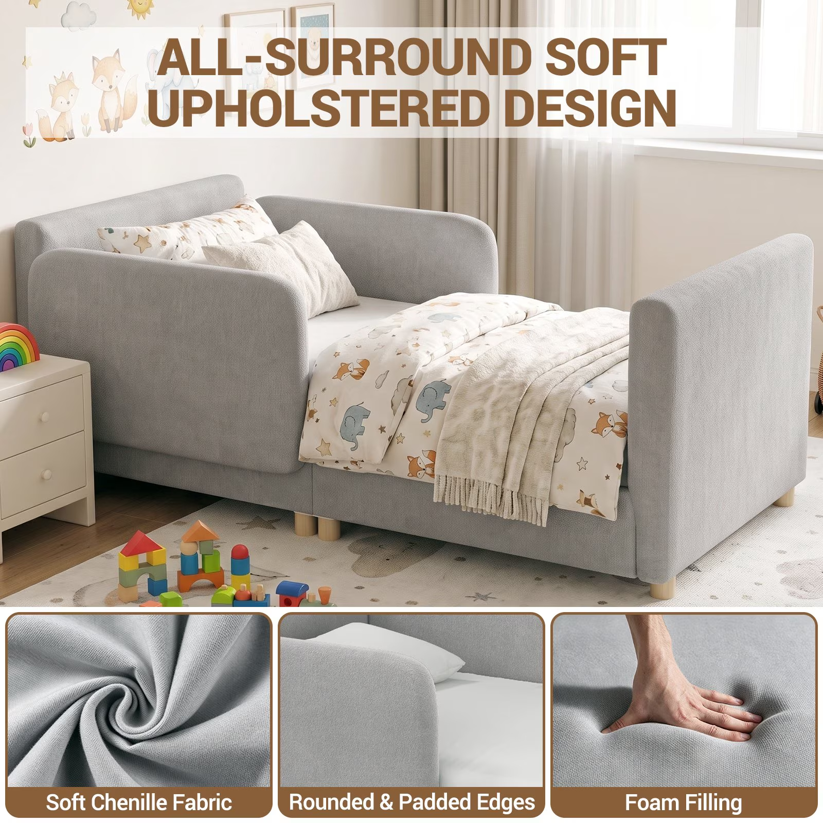 3-in-1 Convertible Kids Sofa – Transforms into Toddler Bed & Bedside Sleeper, Soft Chenille Upholstery, Removable Side Rails, Low-Profile Floor Design