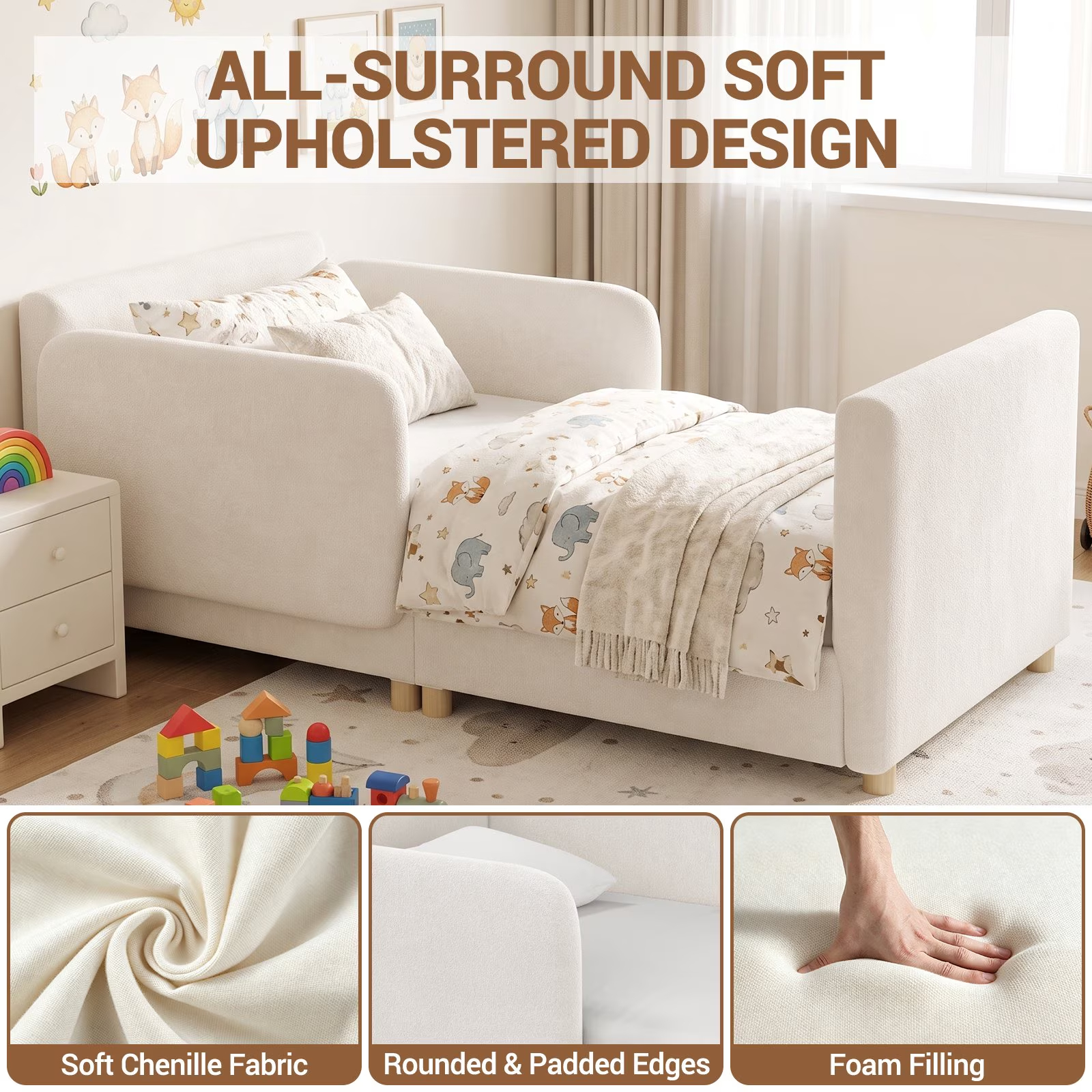 3-in-1 Convertible Kids Sofa – Transforms into Toddler Bed & Bedside Sleeper, Soft Chenille Upholstery, Removable Side Rails, Low-Profile Floor Design