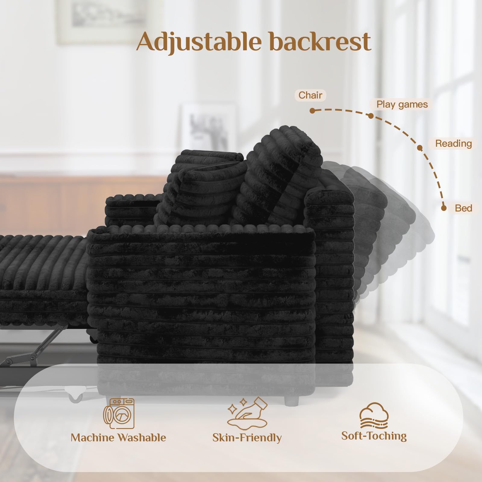 Upholstered Chaise Lounge Pull Out Sofa Bed with Pillows Couch Bed Sofa Pull Out Couch Sleeper Chair for Living Room Plush Corduroy