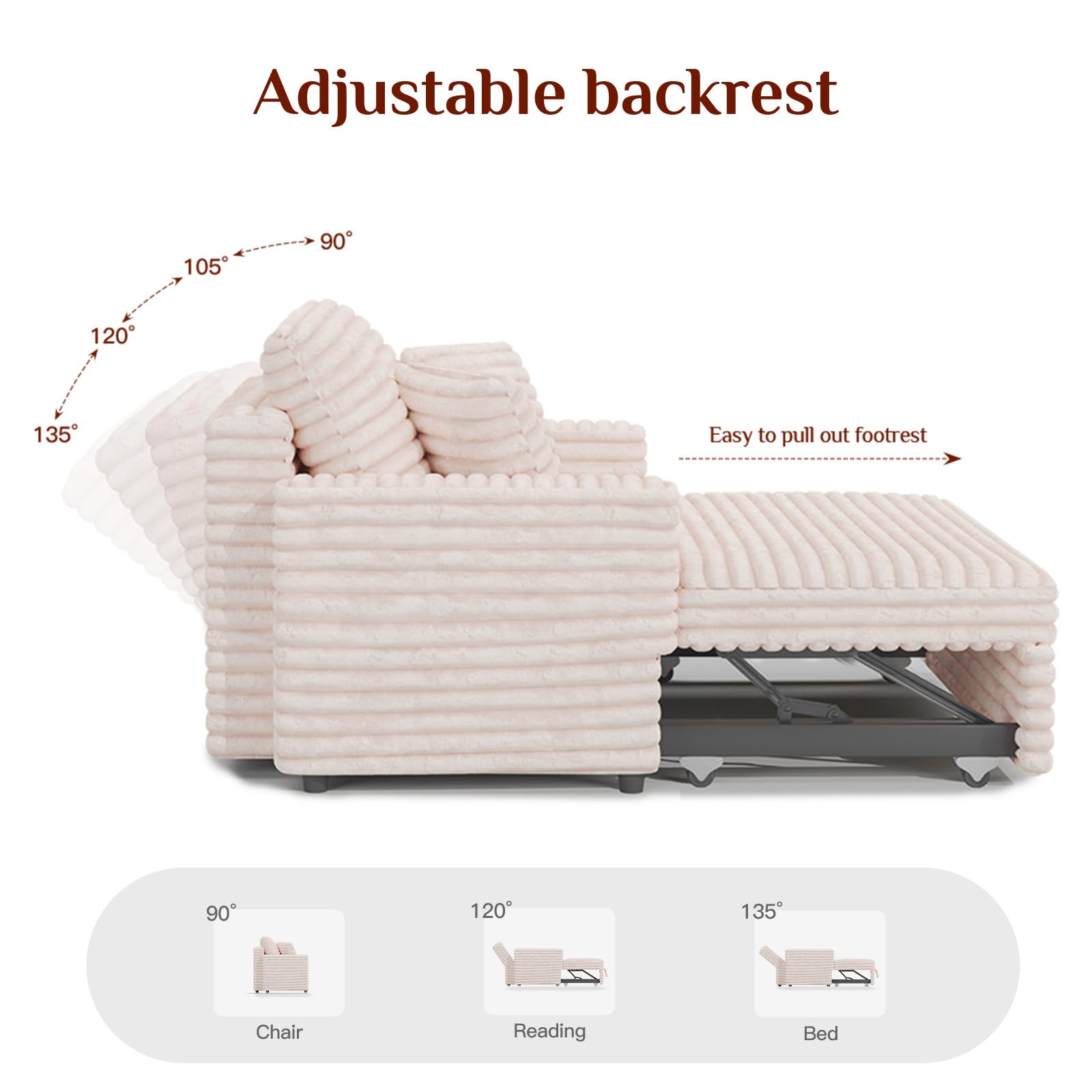 Upholstered Chaise Lounge Pull Out Sofa Bed with Pillows Couch Bed Sofa Pull Out Couch Sleeper Chair for Living Room Plush Corduroy