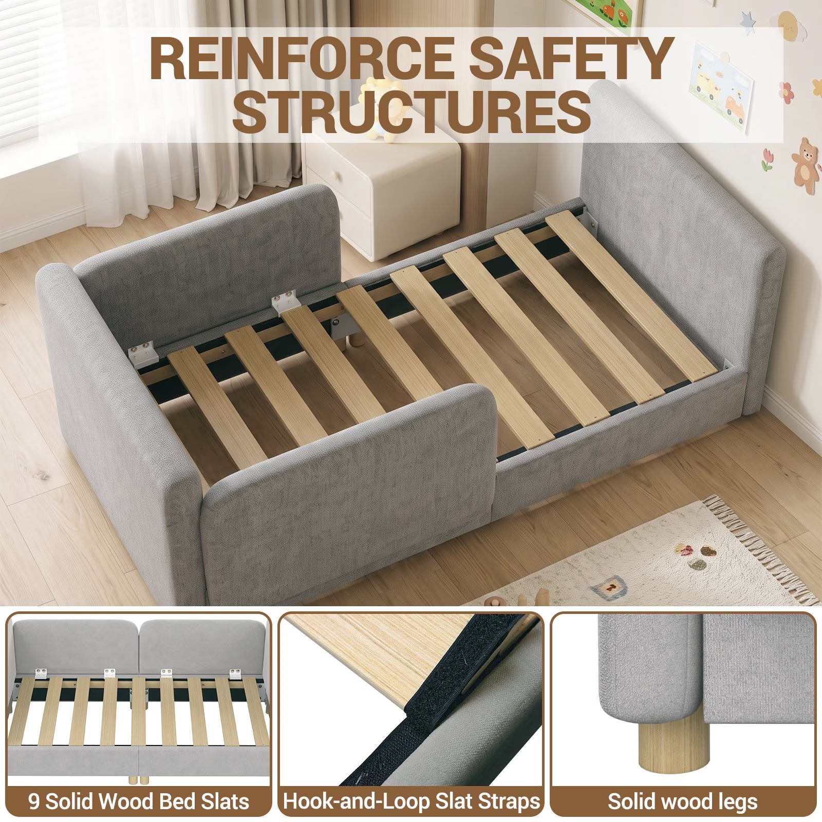 3-in-1 Convertible Kids Sofa – Transforms into Toddler Bed & Bedside Sleeper, Soft Chenille Upholstery, Removable Side Rails, Low-Profile Floor Design